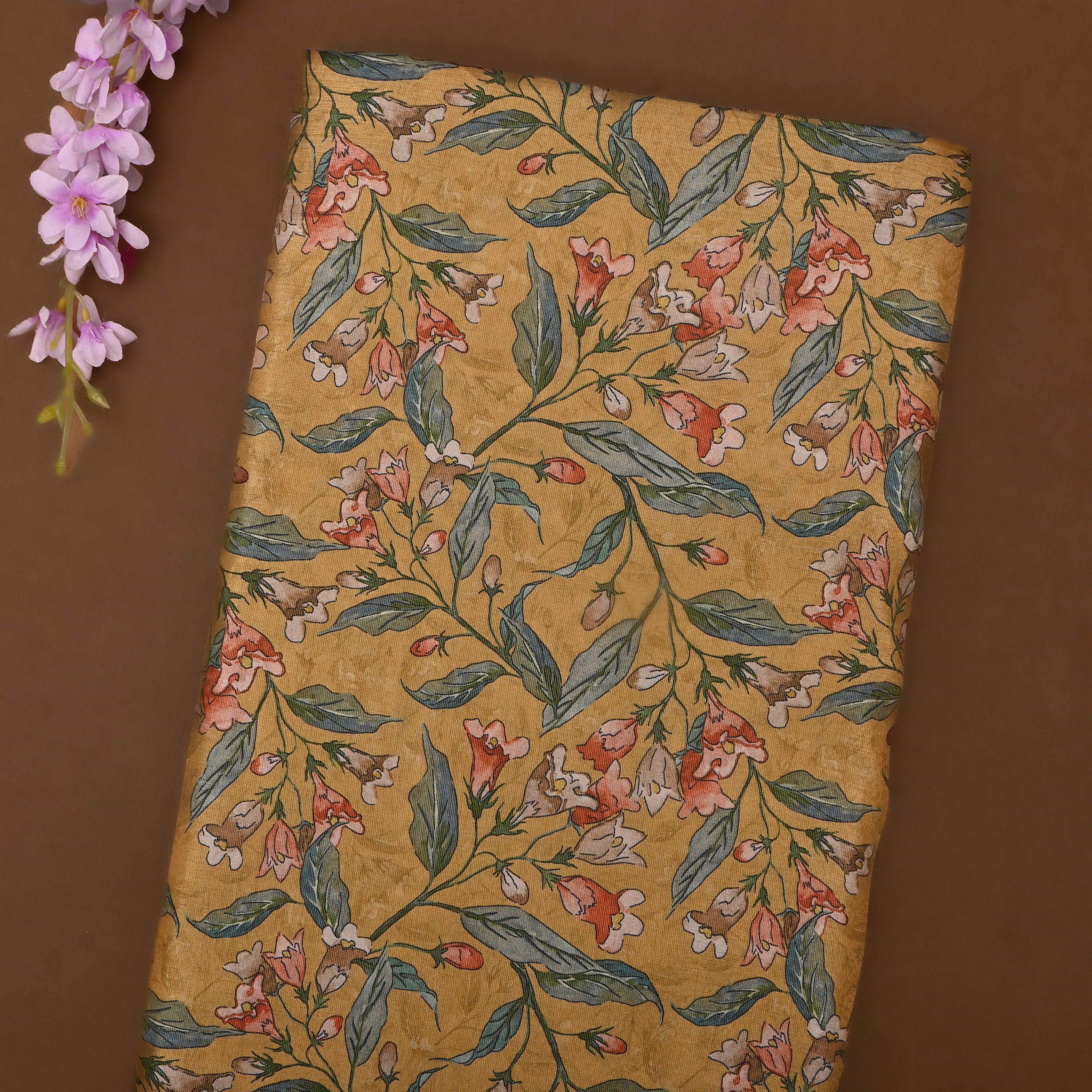 Flaxen Yellow Tissue Fabric With Floral Prints