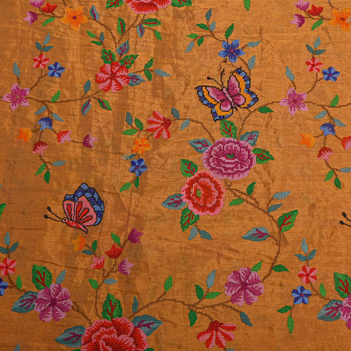 Orange Colourful Floral Jaal Butterfly Thread Work Tissue Fabric