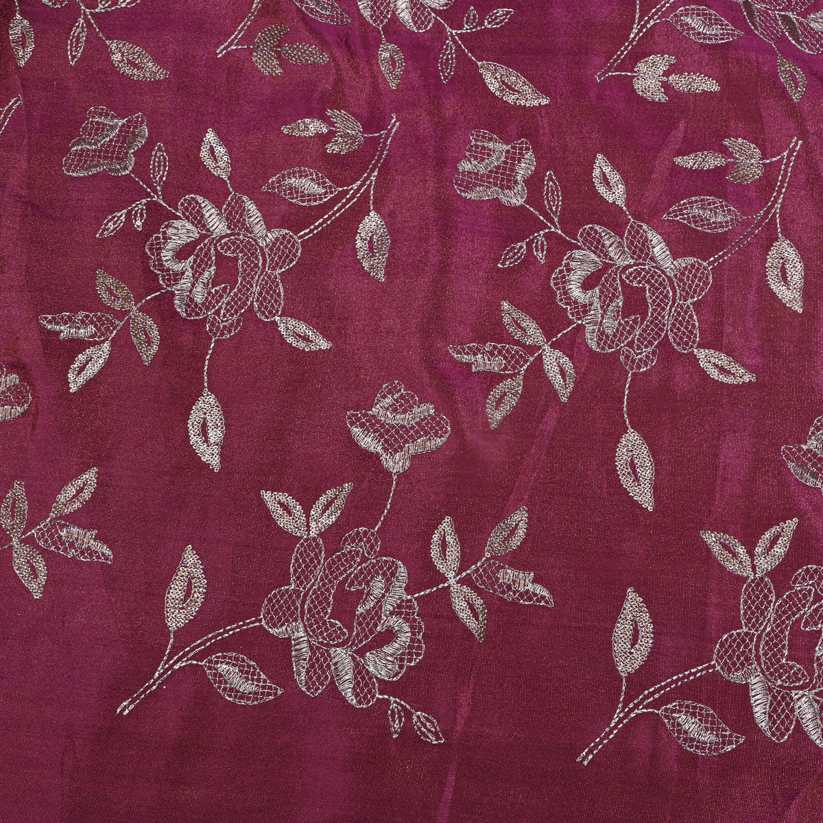 Deep Wine Floral Gold Zari Embroidered Tissue Fabric