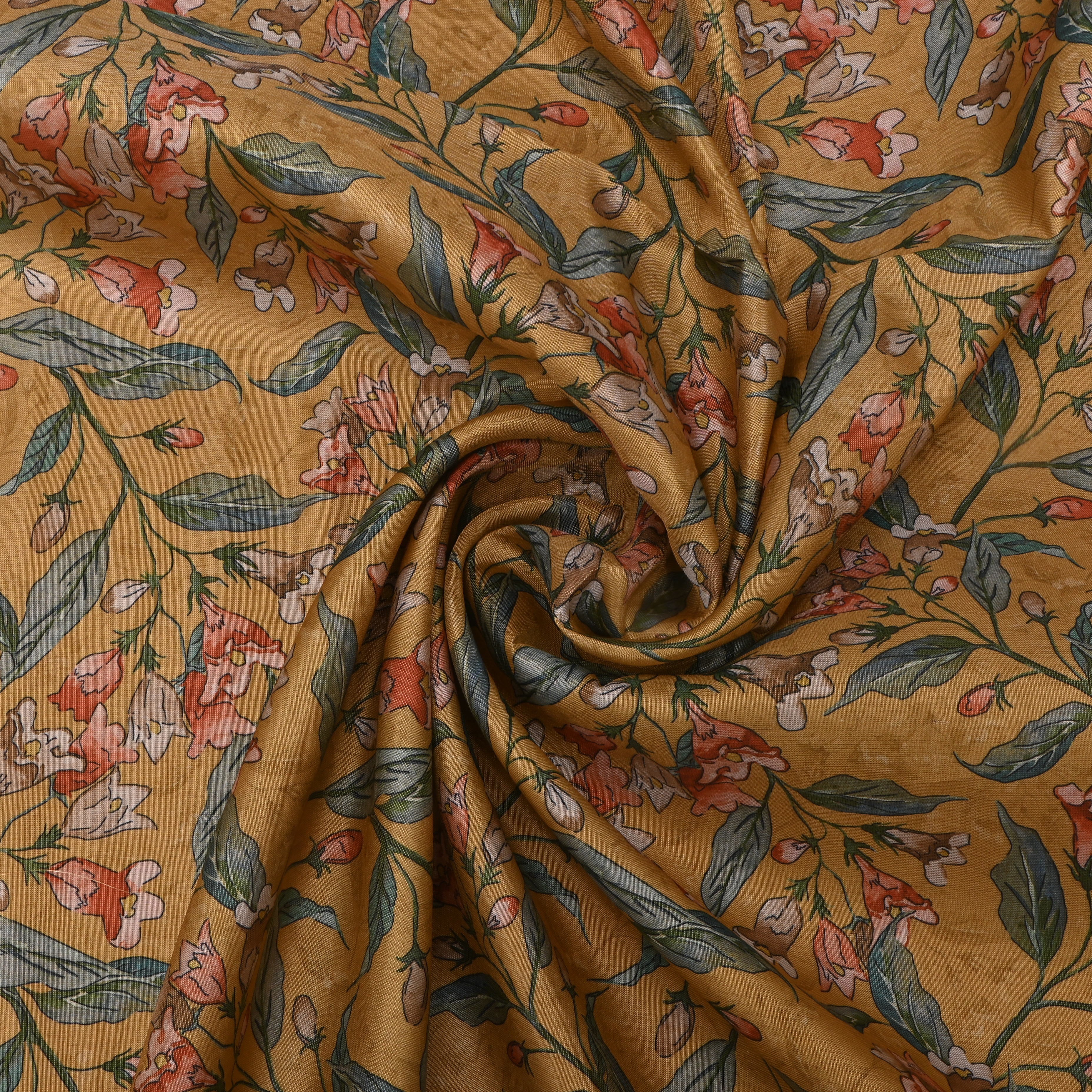 Flaxen Yellow Tissue Fabric With Floral Prints