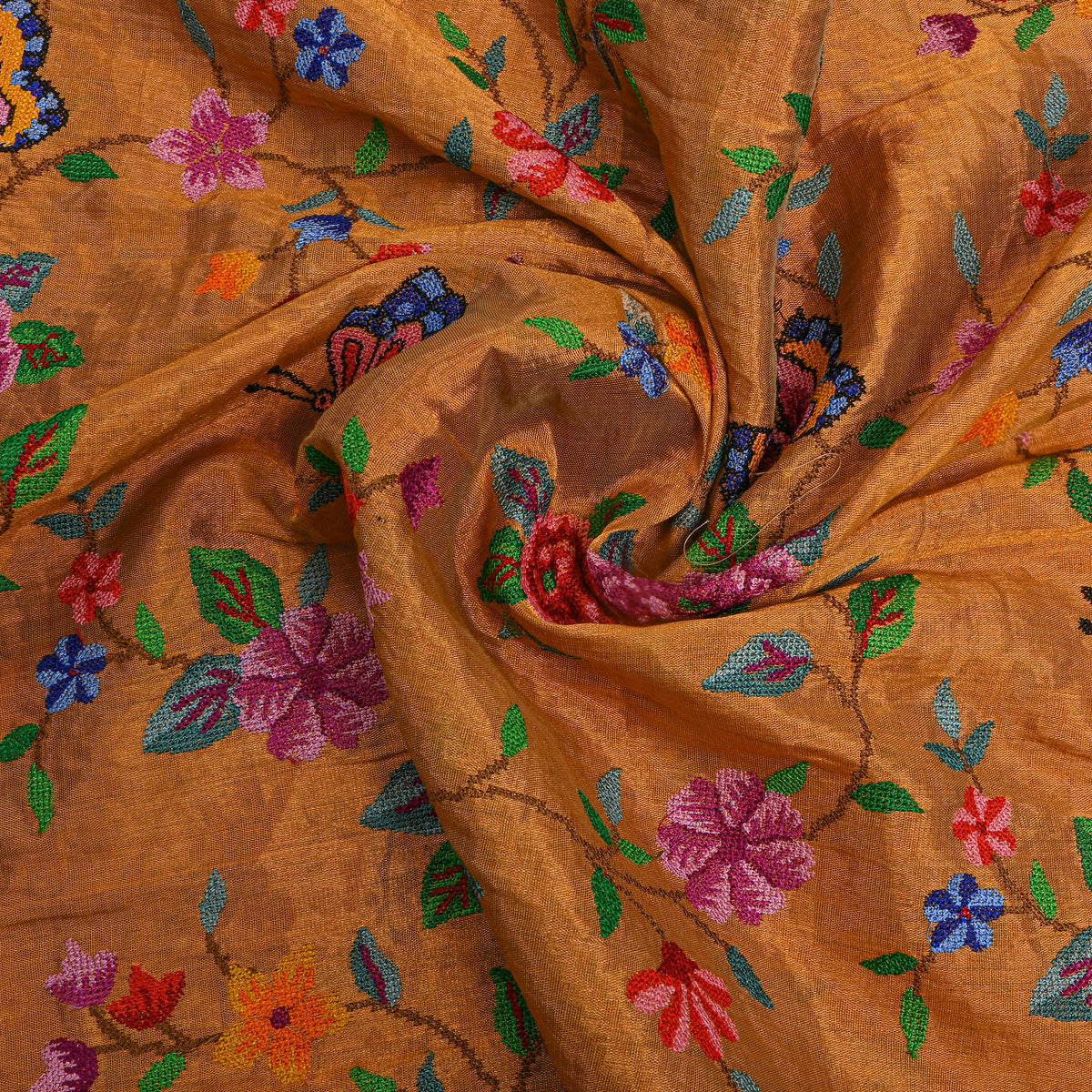 Orange Colourful Floral Jaal Butterfly Thread Work Tissue Fabric