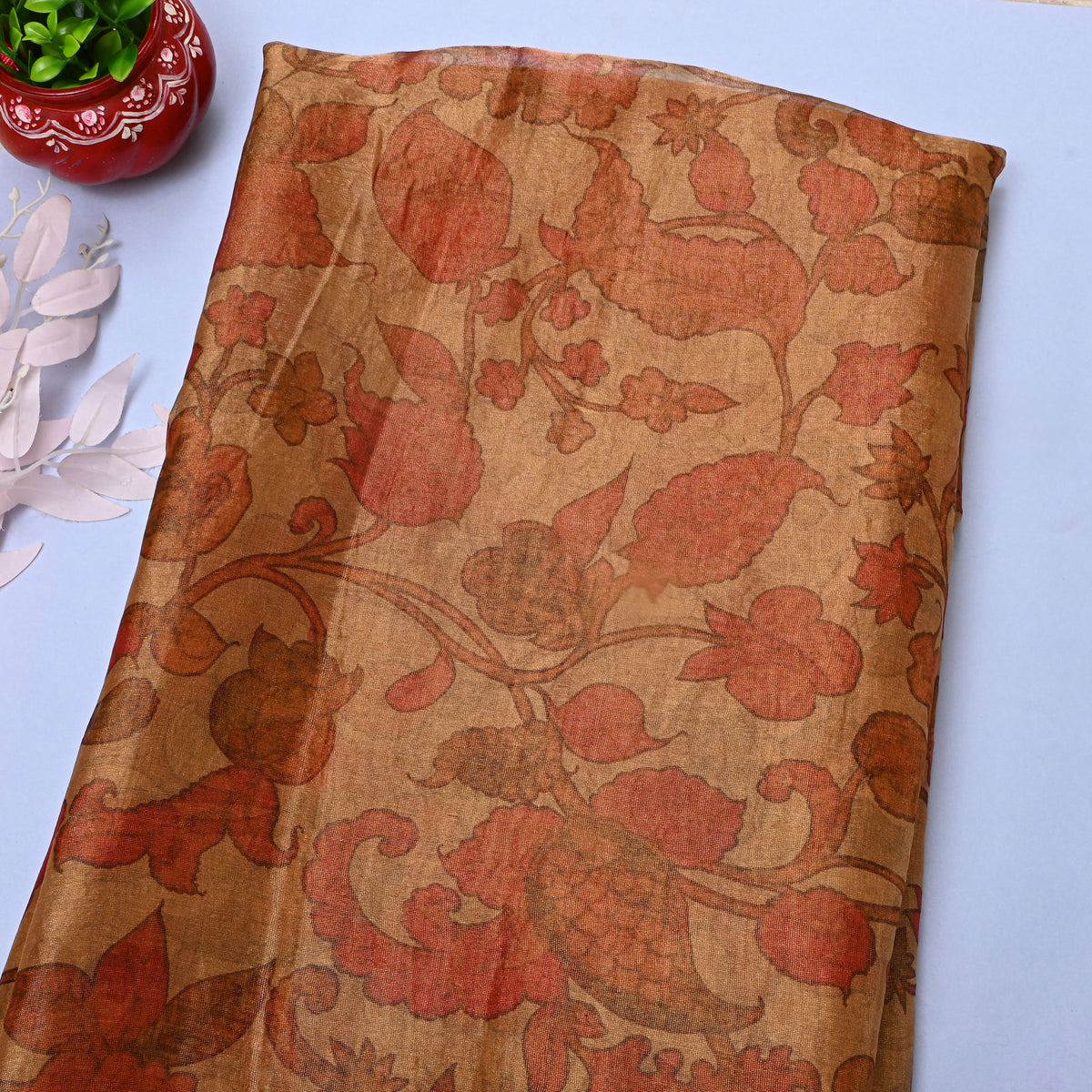 Caramel Brown Floral Jaal Print Organza Tissue Fabric