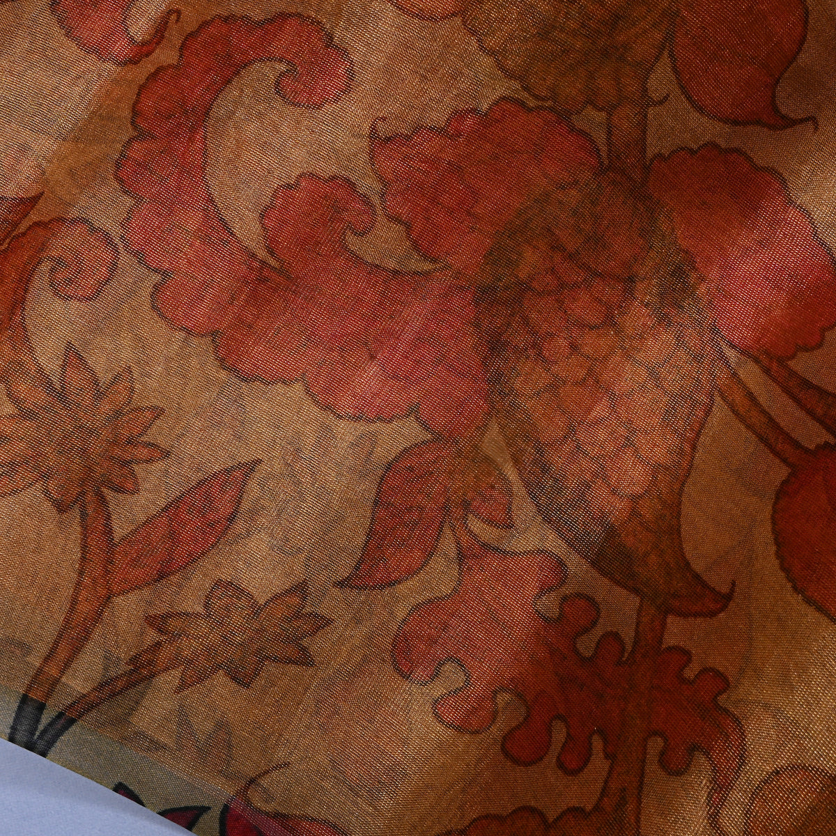 Caramel Brown Floral Jaal Print Organza Tissue Fabric