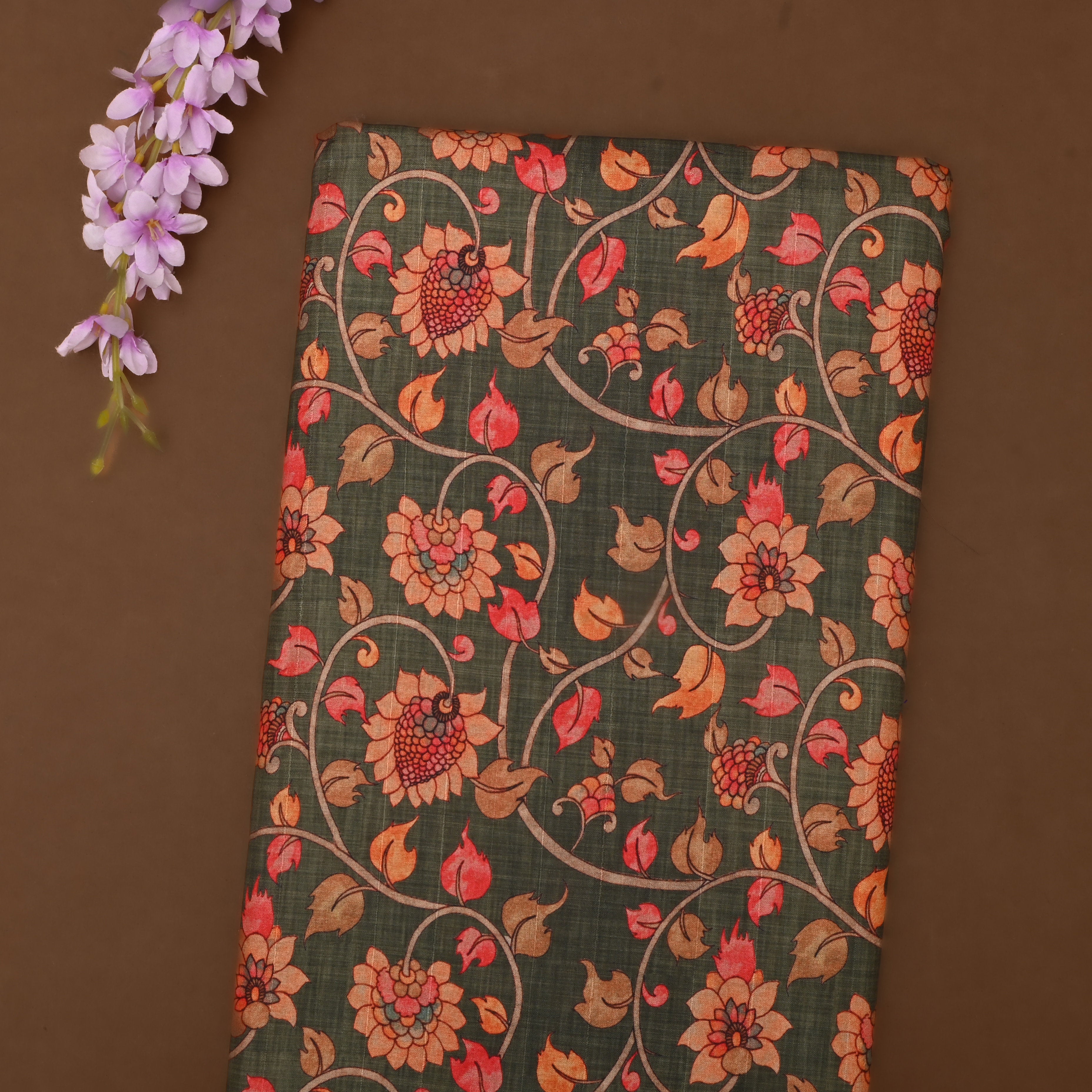 Dark Green Floral Printed Tussar Fabric
