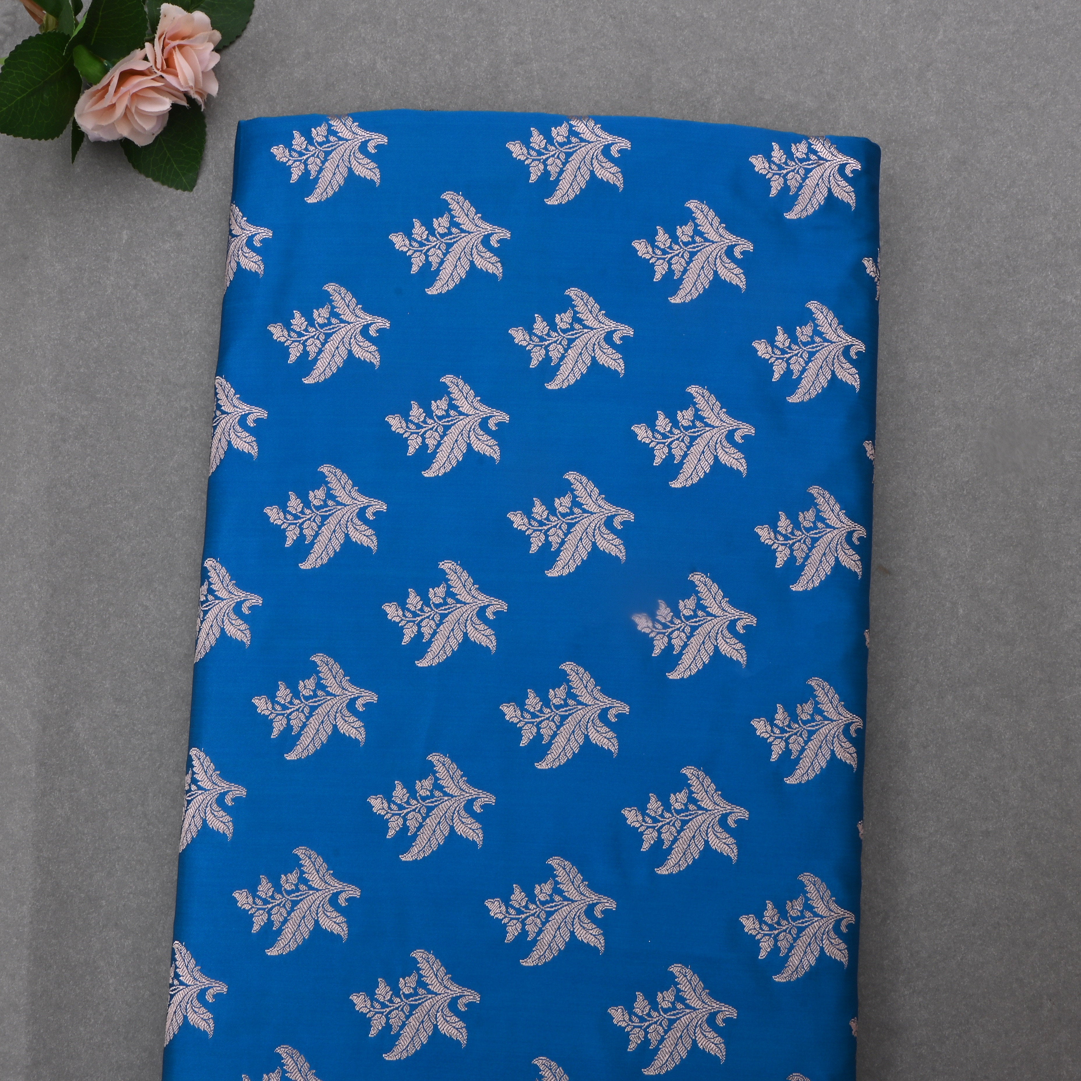 Blue Electric Blue Jamawar Satin Fabric With Floral Butti'S