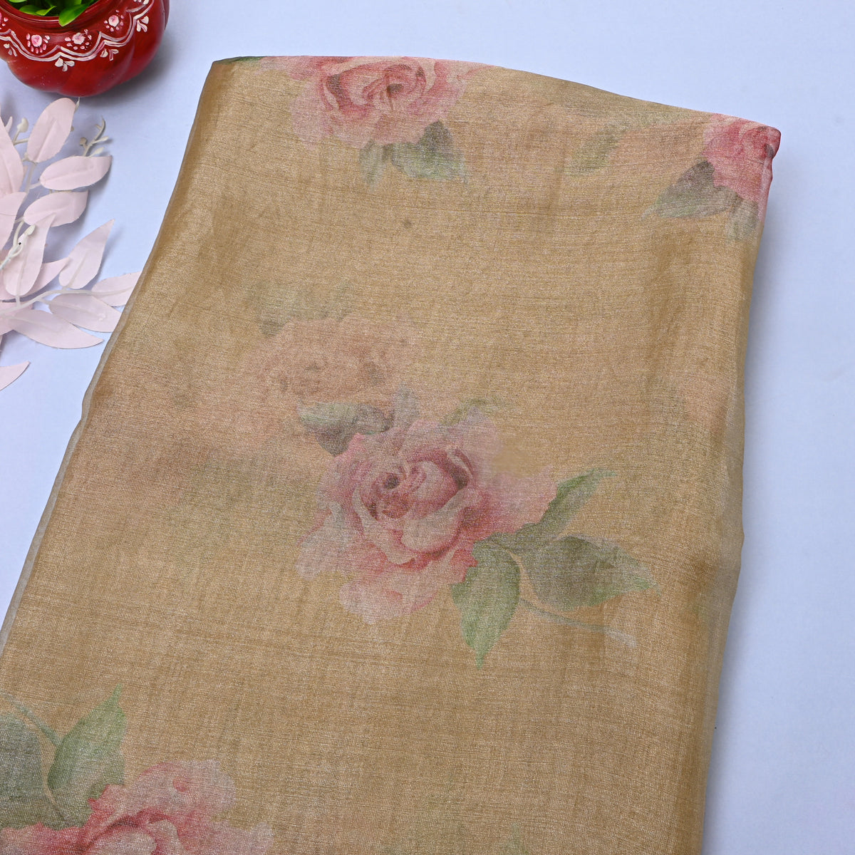 Golden Beige Tissue Fabric With Pink Rose Floral Print
