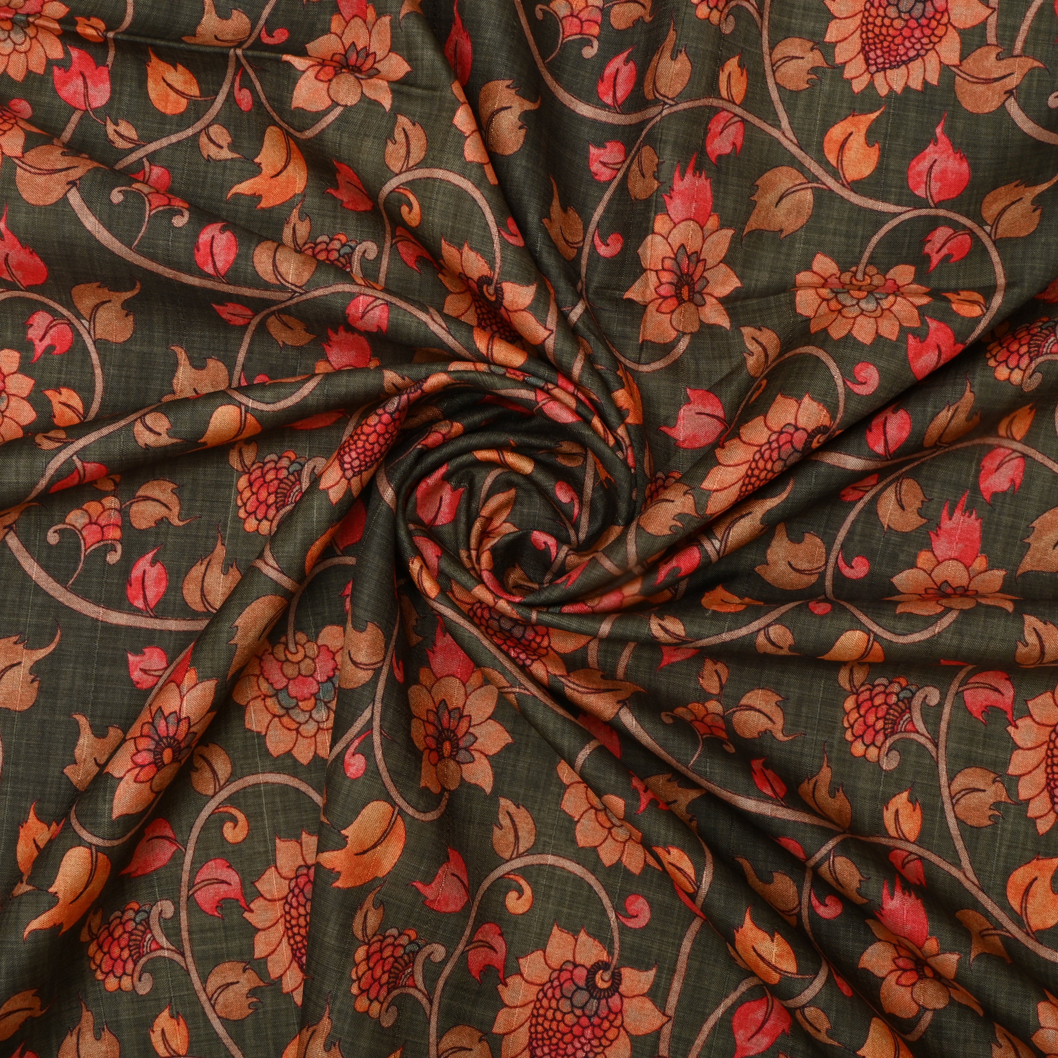 Dark Green Floral Printed Tussar Fabric