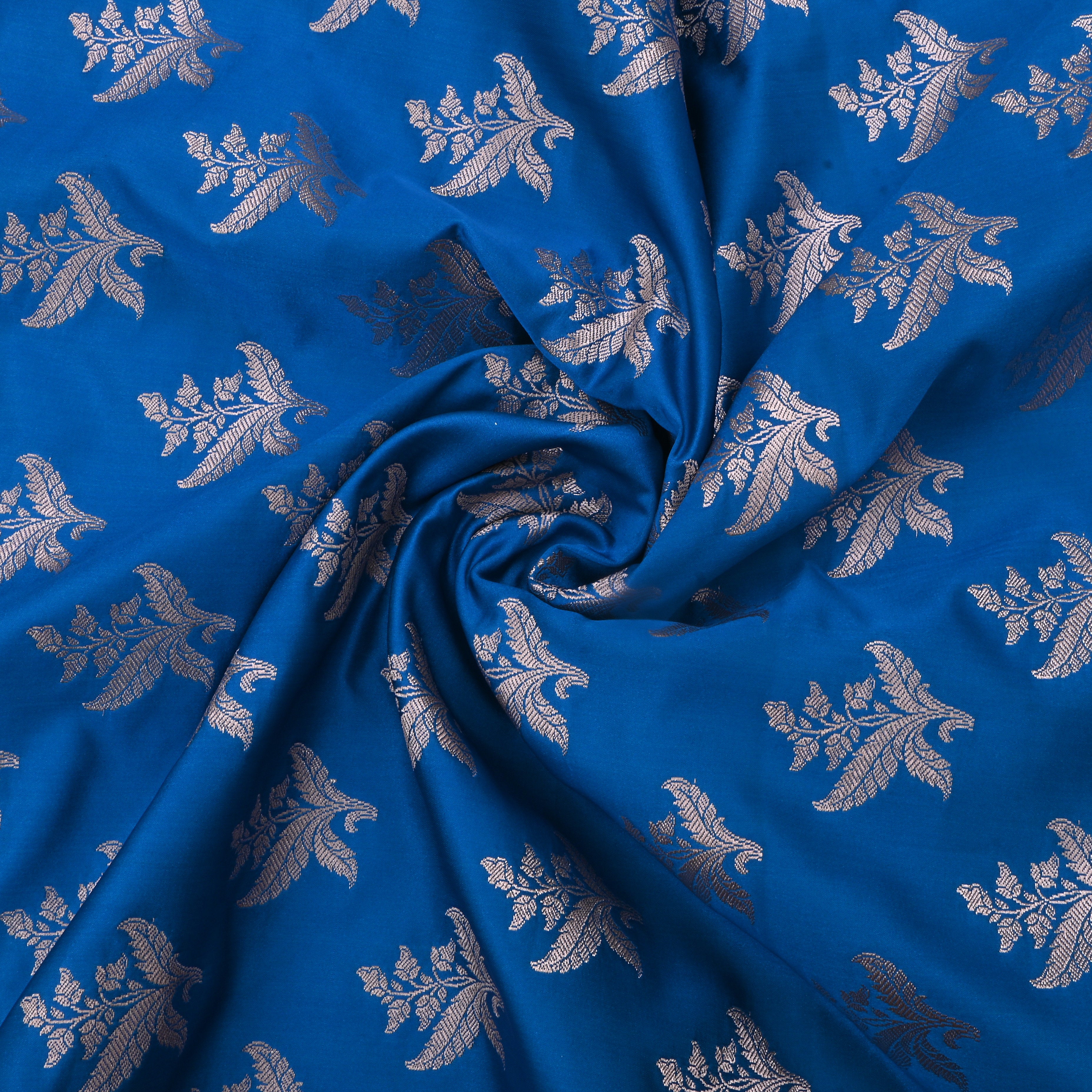Blue Electric Blue Jamawar Satin Fabric With Floral Butti'S