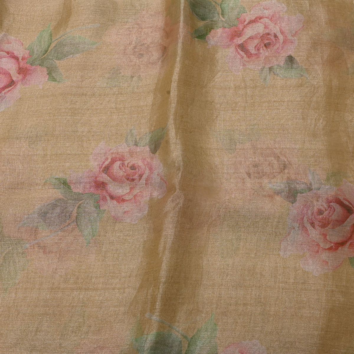Golden Beige Tissue Fabric With Pink Rose Floral Print