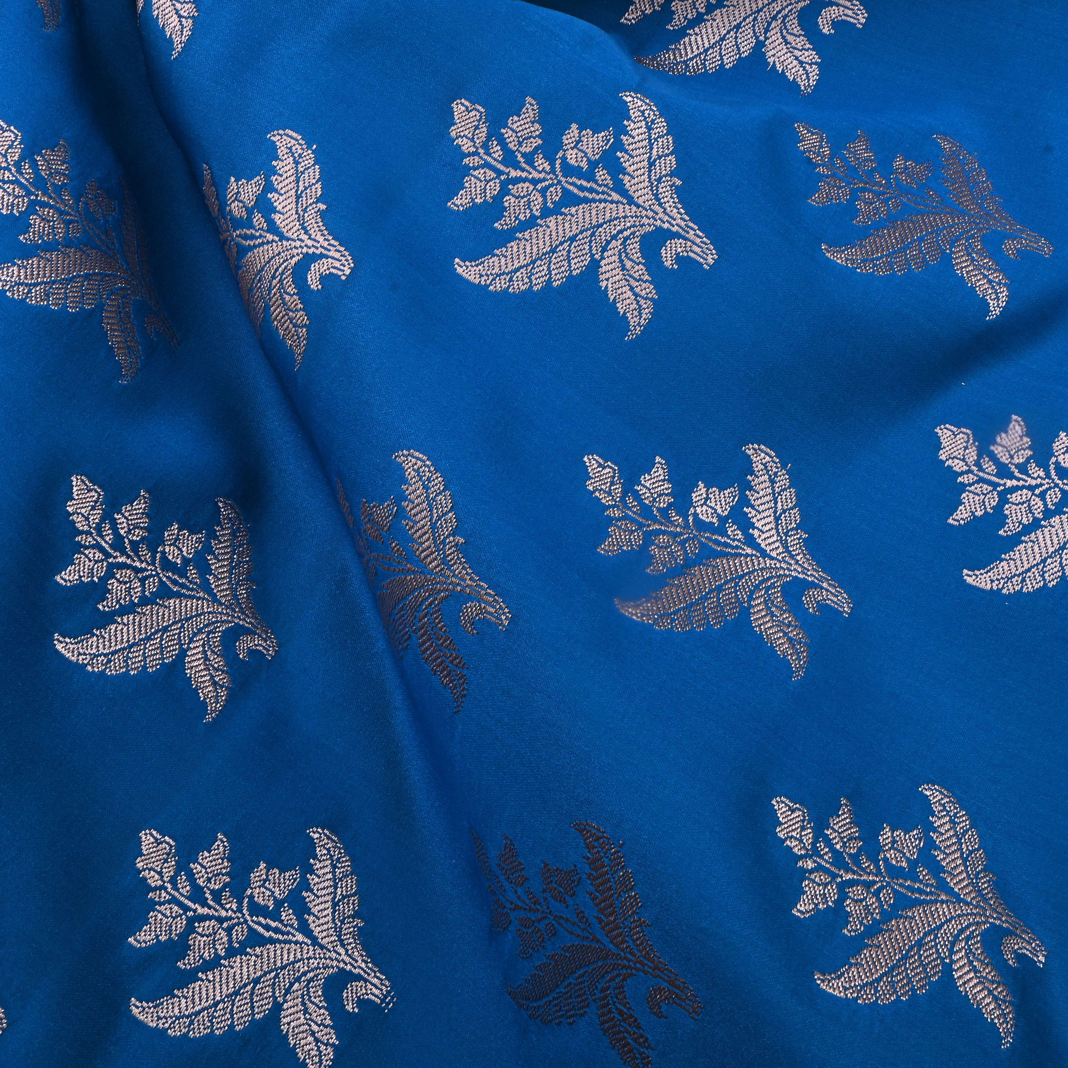 Blue Electric Blue Jamawar Satin Fabric With Floral Butti'S
