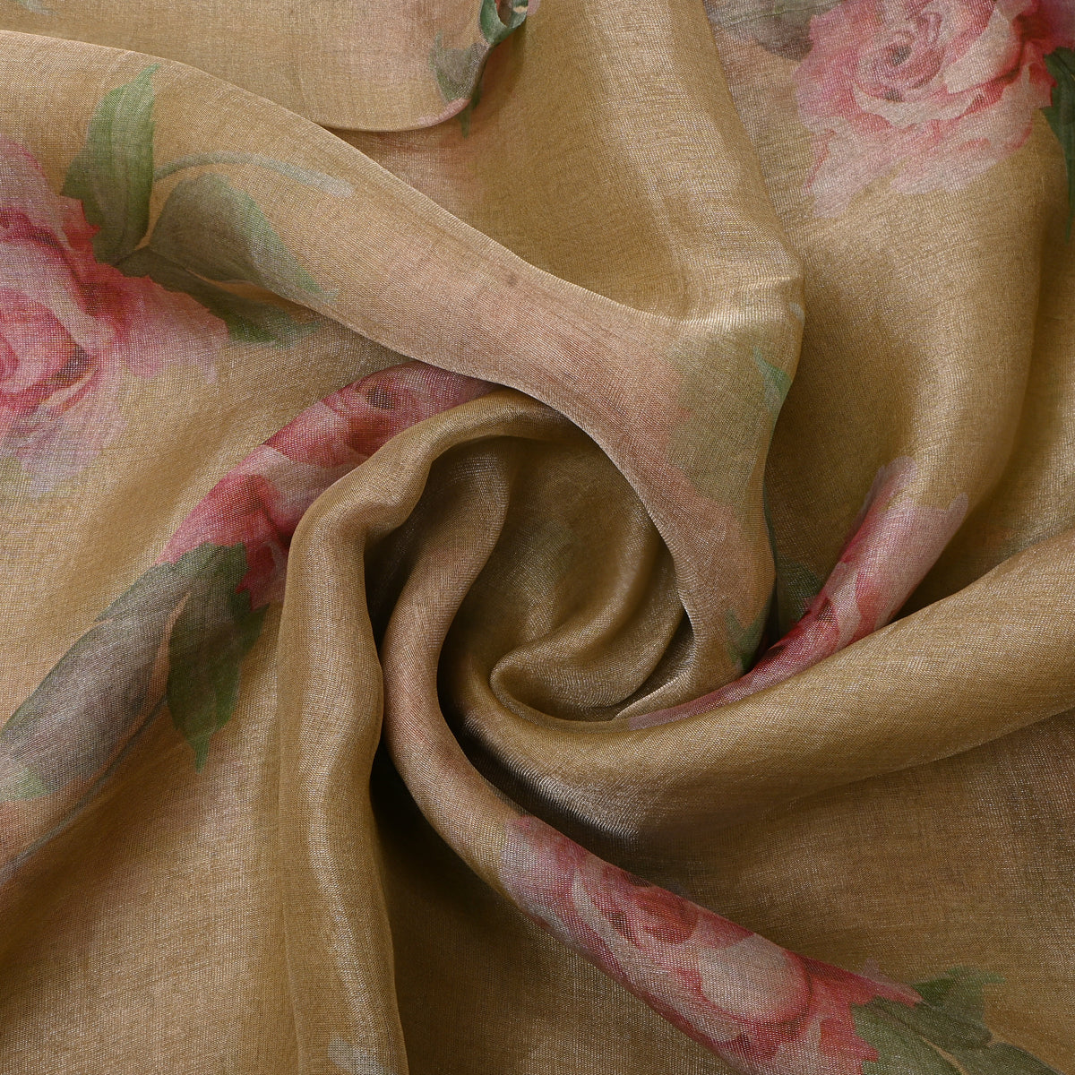 Golden Beige Tissue Fabric With Pink Rose Floral Print