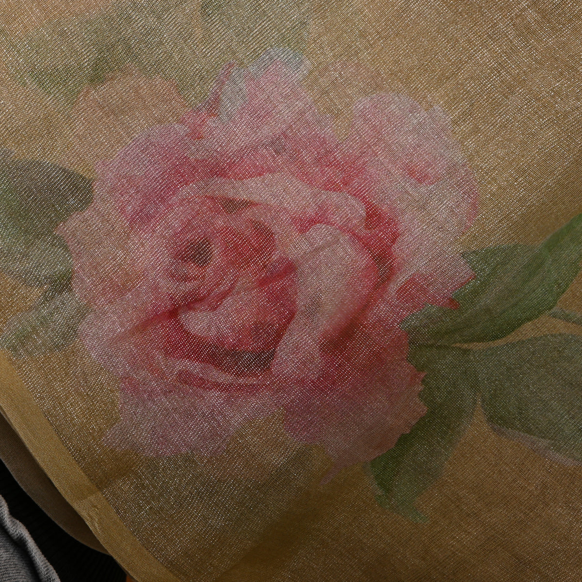 Golden Beige Tissue Fabric With Pink Rose Floral Print