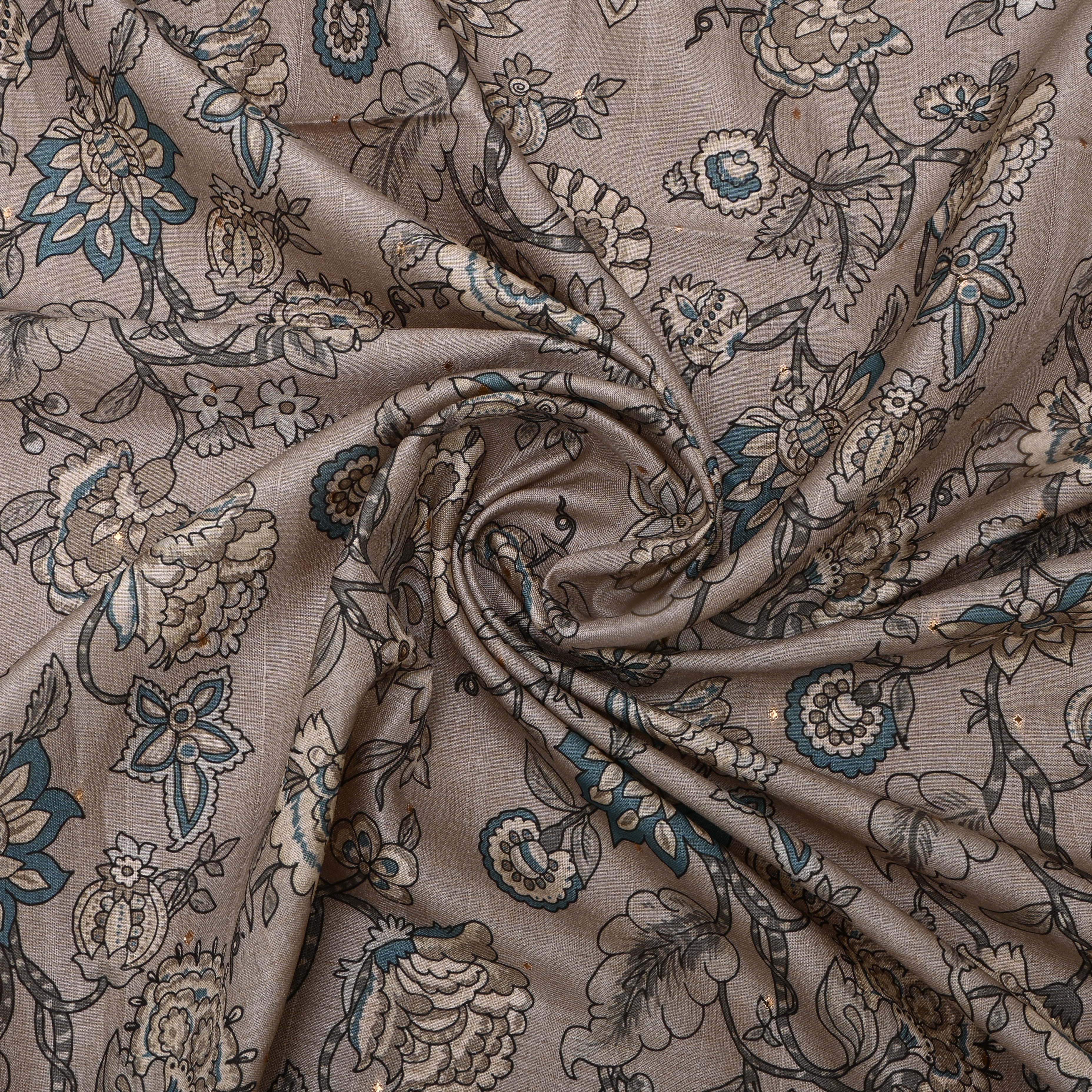 Warm Grey Tussar Fabric With Digital Prints