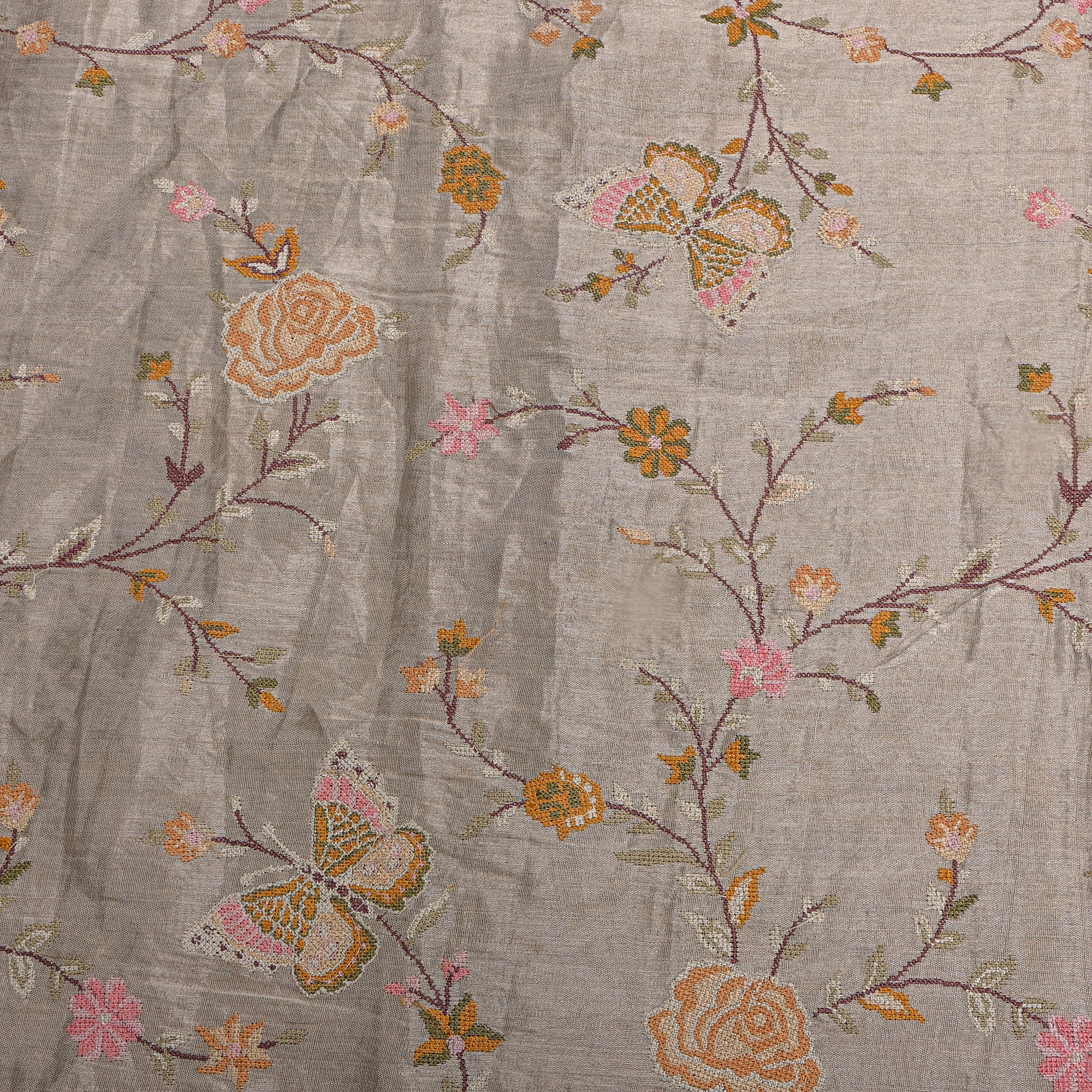 Dark Grey Tissue Fabric With Rose And Butterfly Jaal