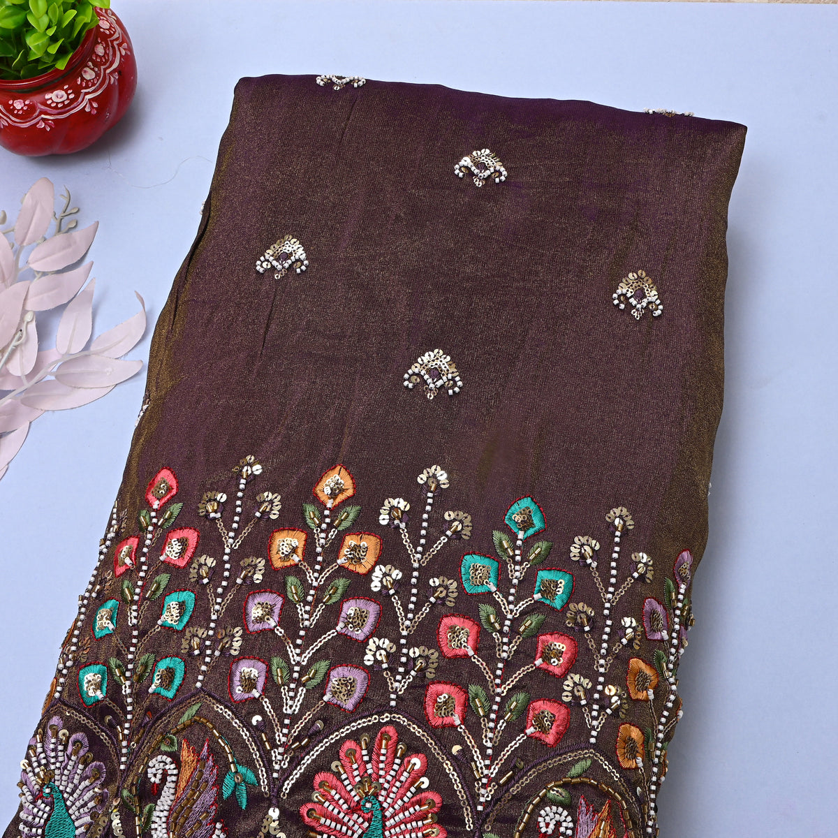 Deep Plum Sequin Butti Embroidery Tissue Fabric