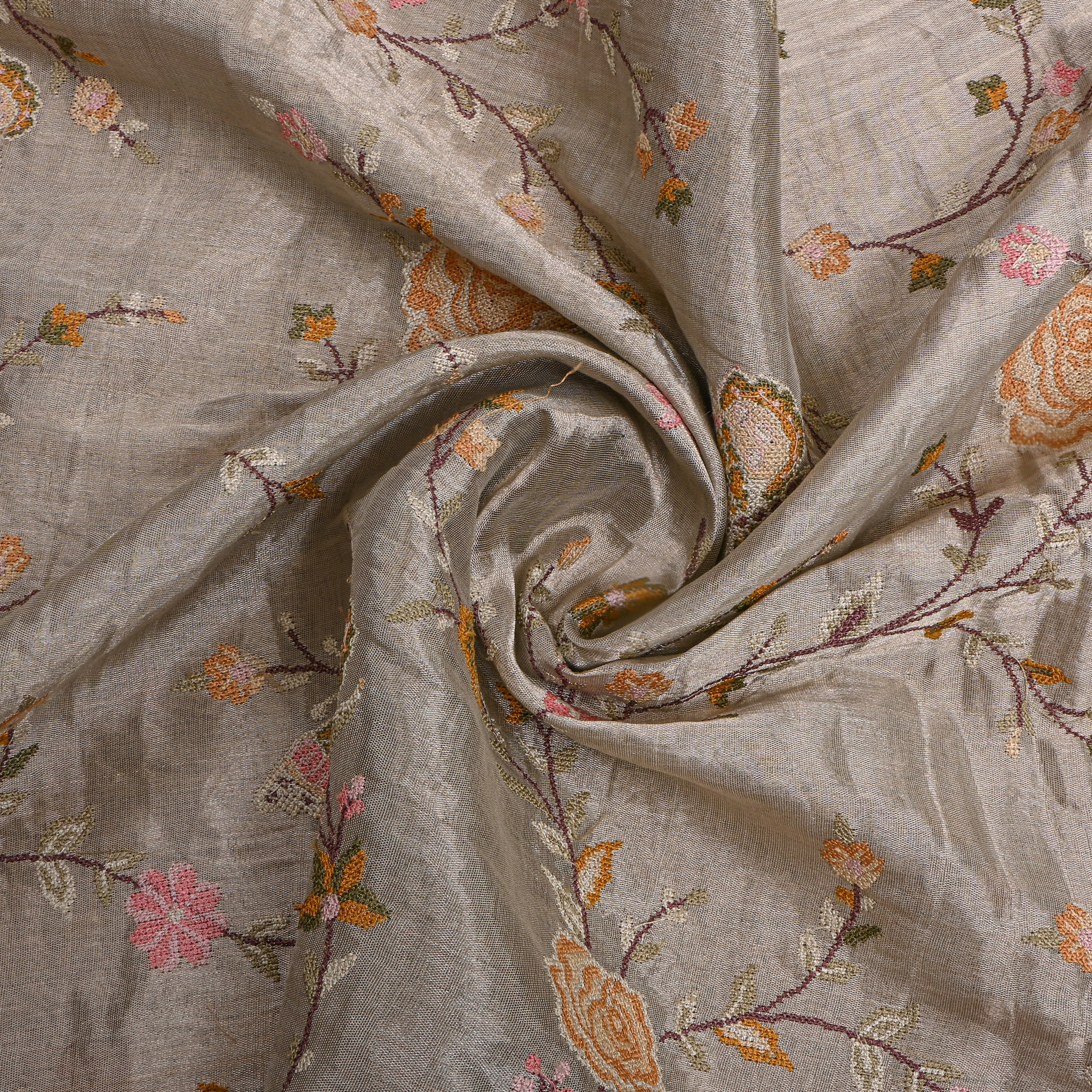 Dark Grey Tissue Fabric With Rose And Butterfly Jaal