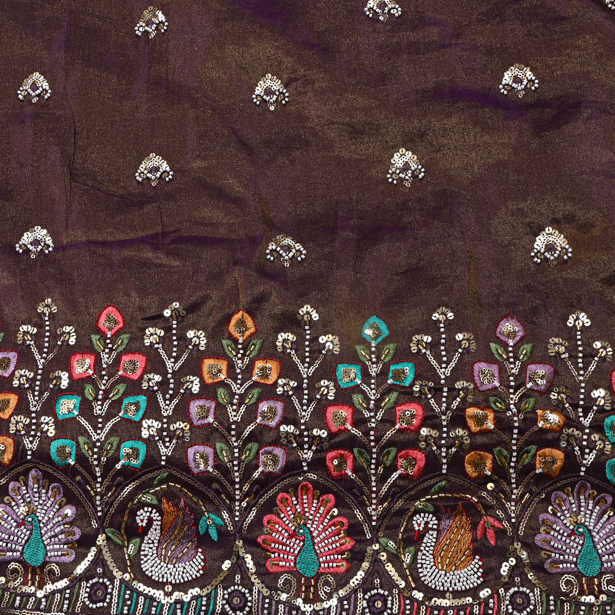 Deep Plum Sequin Butti Embroidery Tissue Fabric
