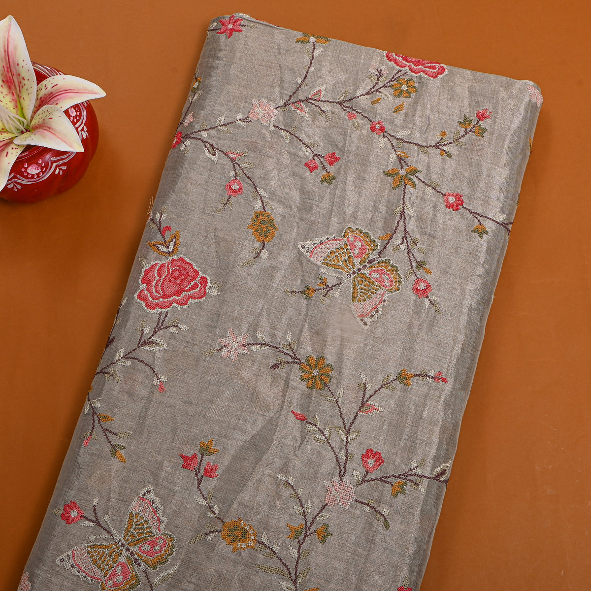 Gray Floral Jaal Thread Work Embroidery Tissue Fabric