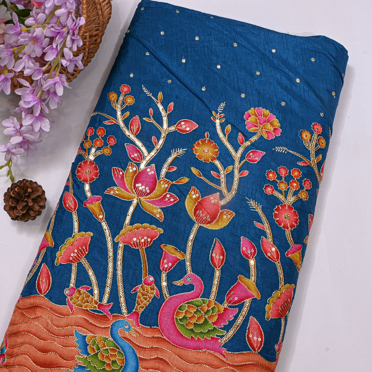 Peacock Blue Swan Lotus Sequin Printed Embroidery Dupion Silk Fabric