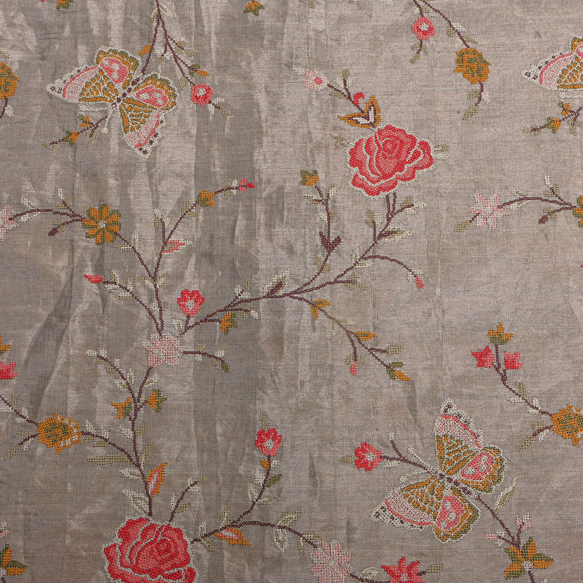 Gray Floral Jaal Thread Work Embroidery Tissue Fabric