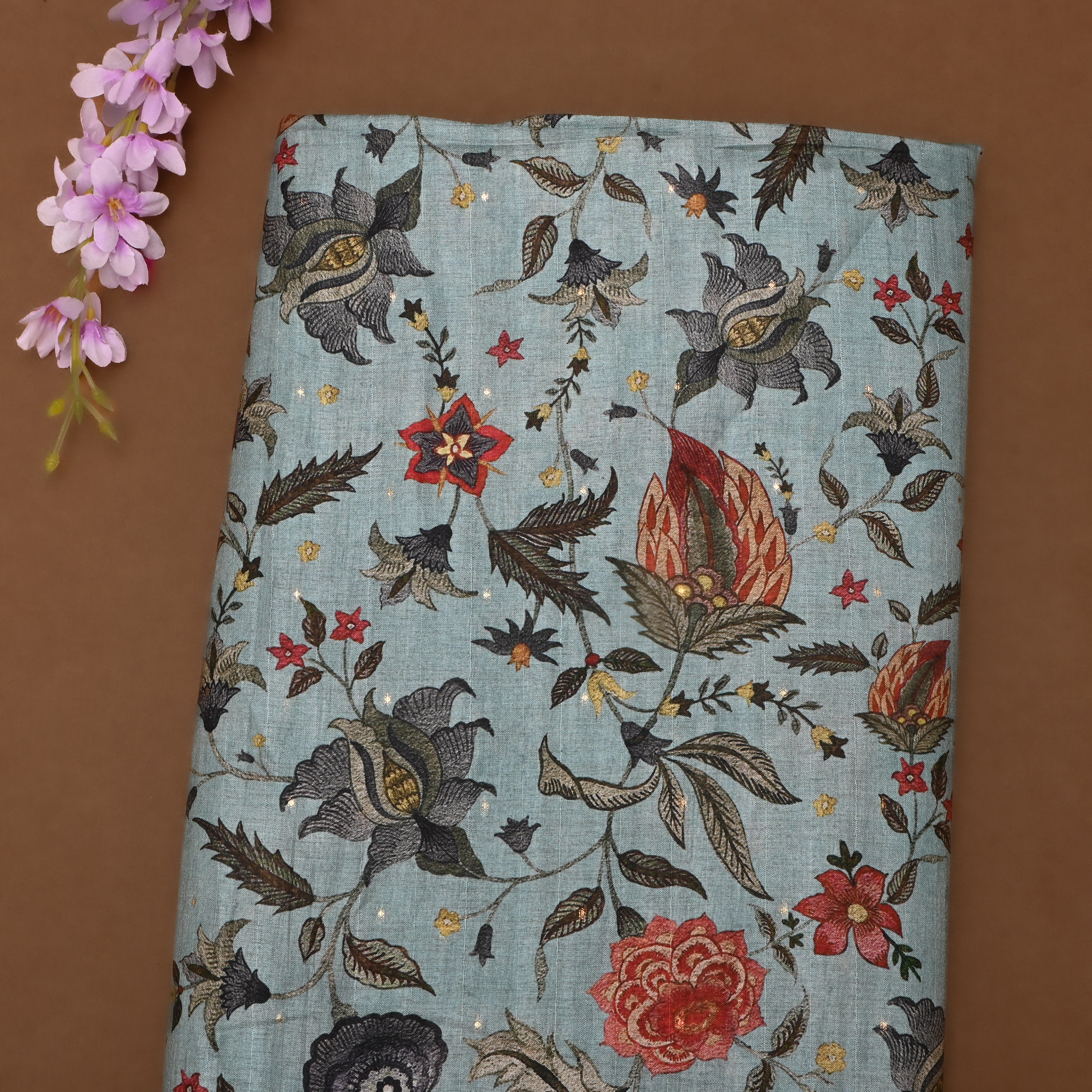 Mint Blue Tussar Fabric With Digital Prints