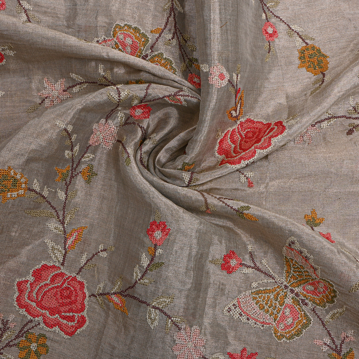 Gray Floral Jaal Thread Work Embroidery Tissue Fabric