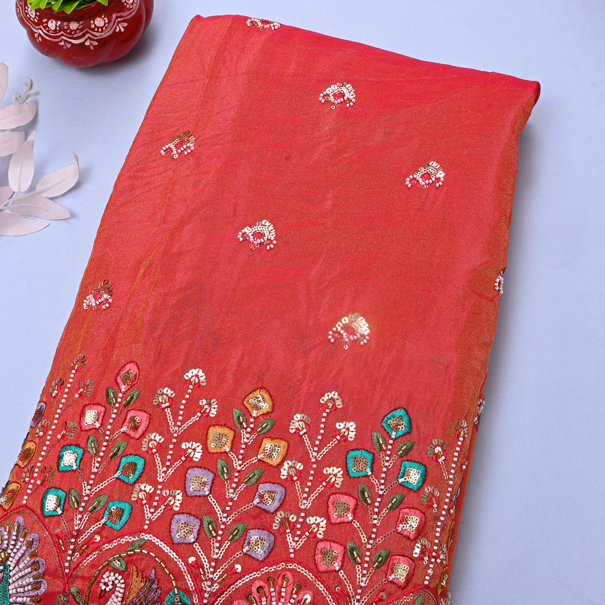 Coral Red Sequin Butti Embroidery Tissue Fabric