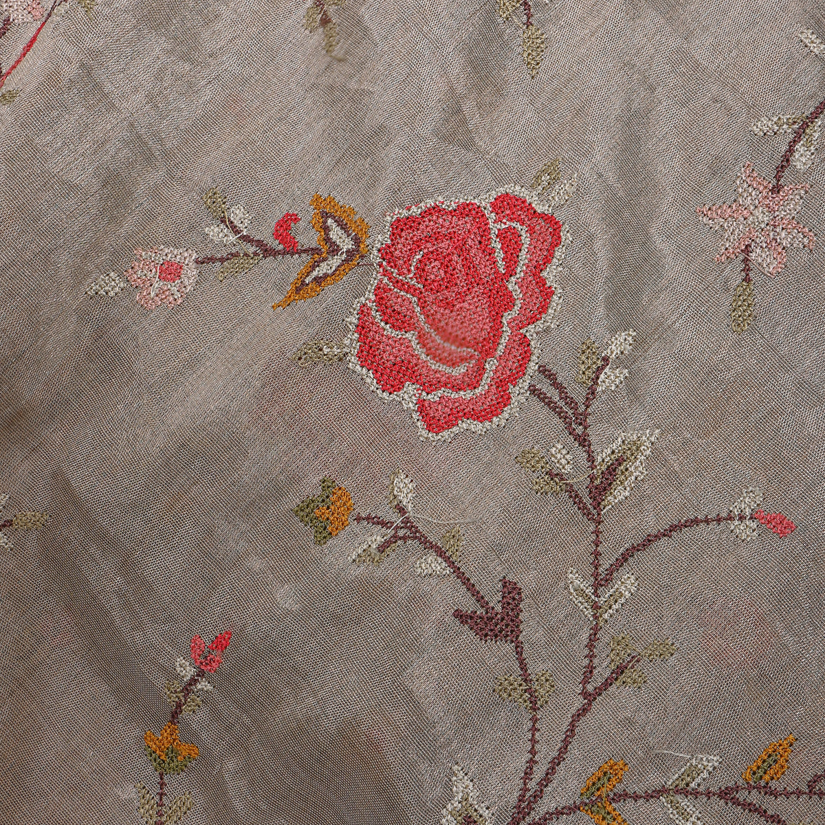 Gray Floral Jaal Thread Work Embroidery Tissue Fabric