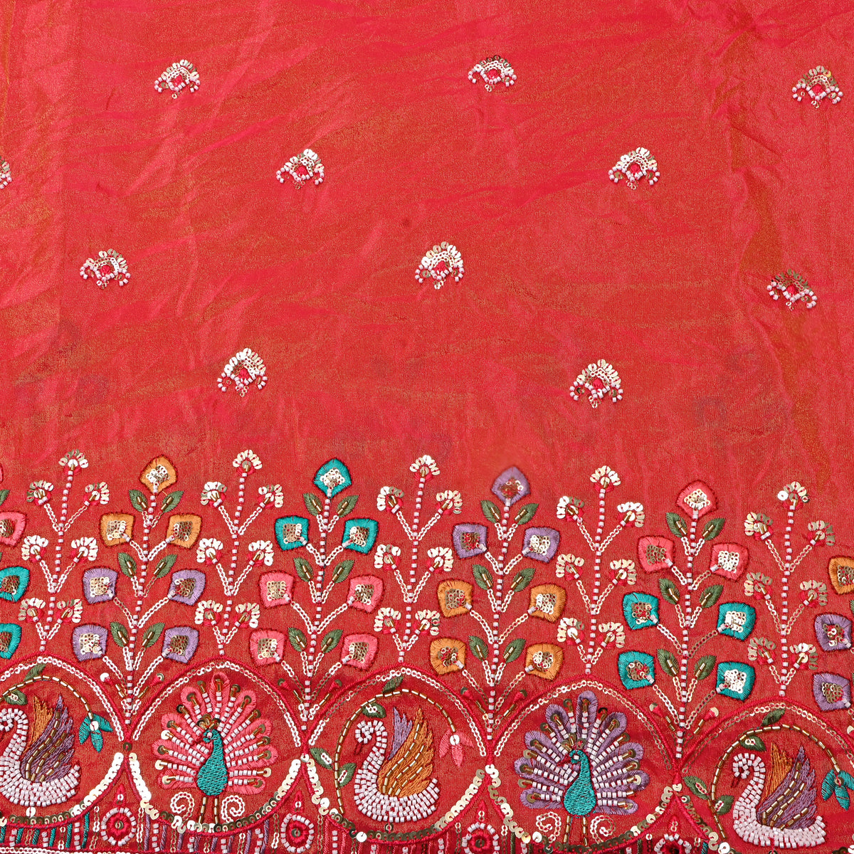 Coral Red Sequin Butti Embroidery Tissue Fabric