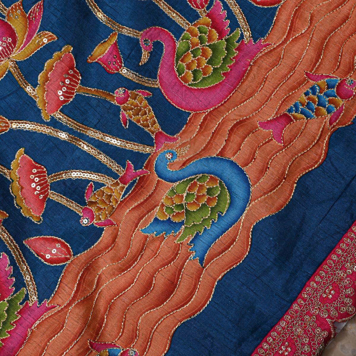 Peacock Blue Swan Lotus Sequin Printed Embroidery Dupion Silk Fabric