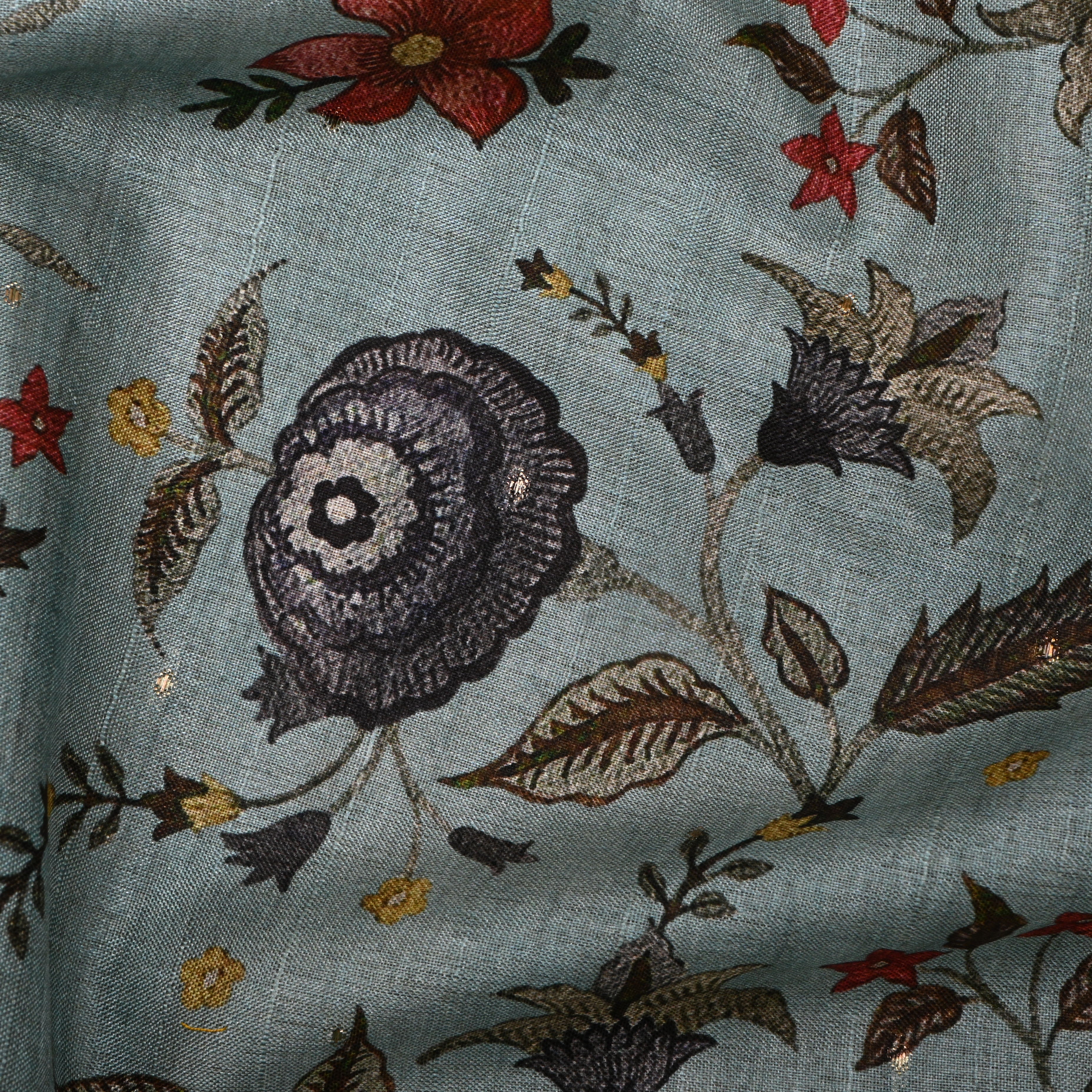 Mint Blue Tussar Fabric With Digital Prints