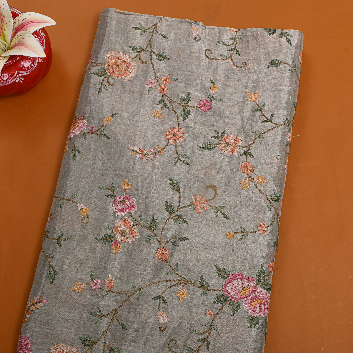 Grey Floral Jaal Thread Work Tissue Fabric