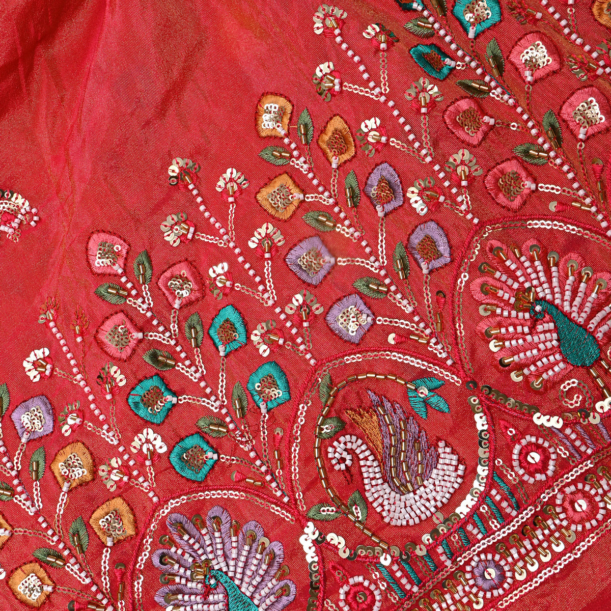 Coral Red Sequin Butti Embroidery Tissue Fabric