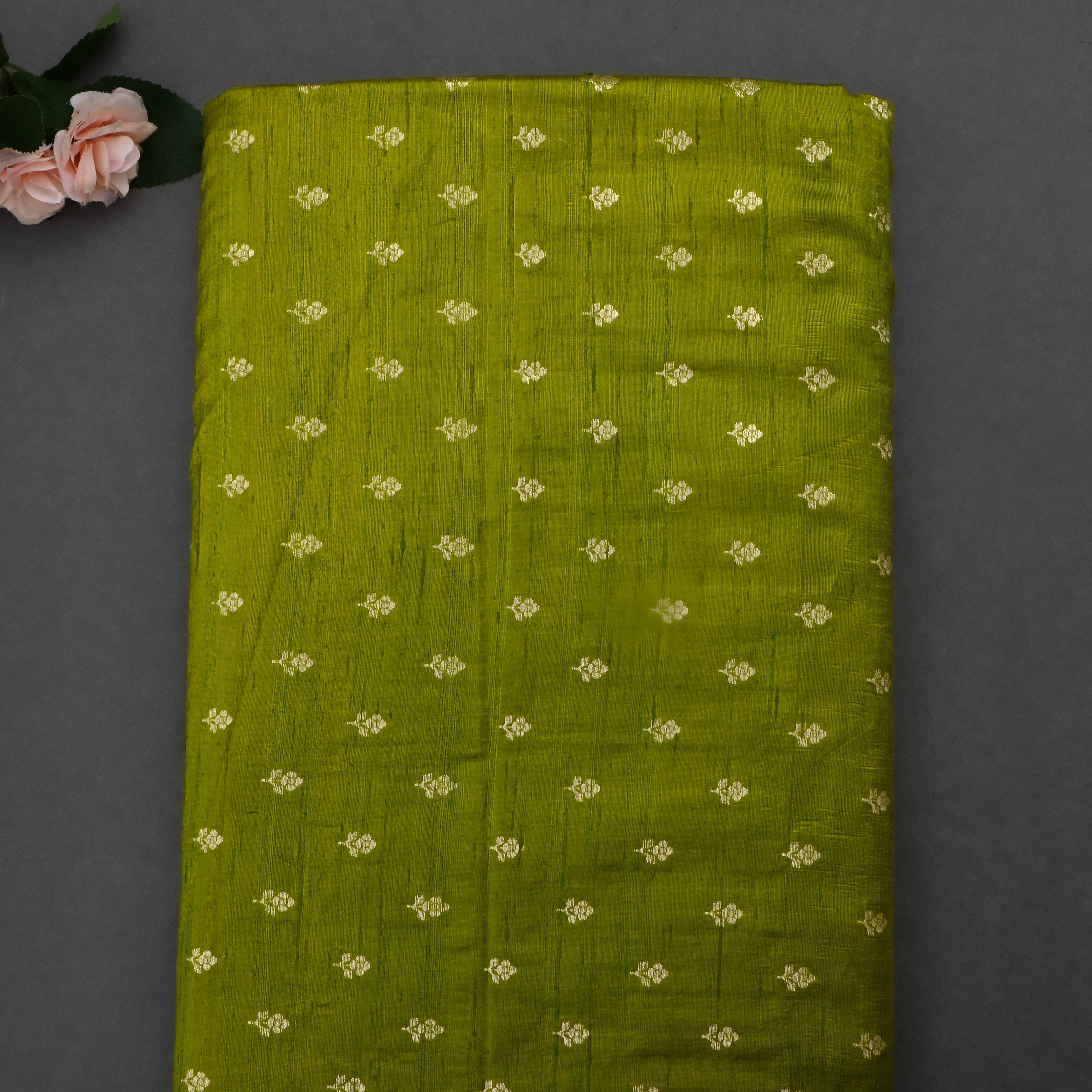 Swampy Green Jamawar Dupion Fabric With Floral Butti'S