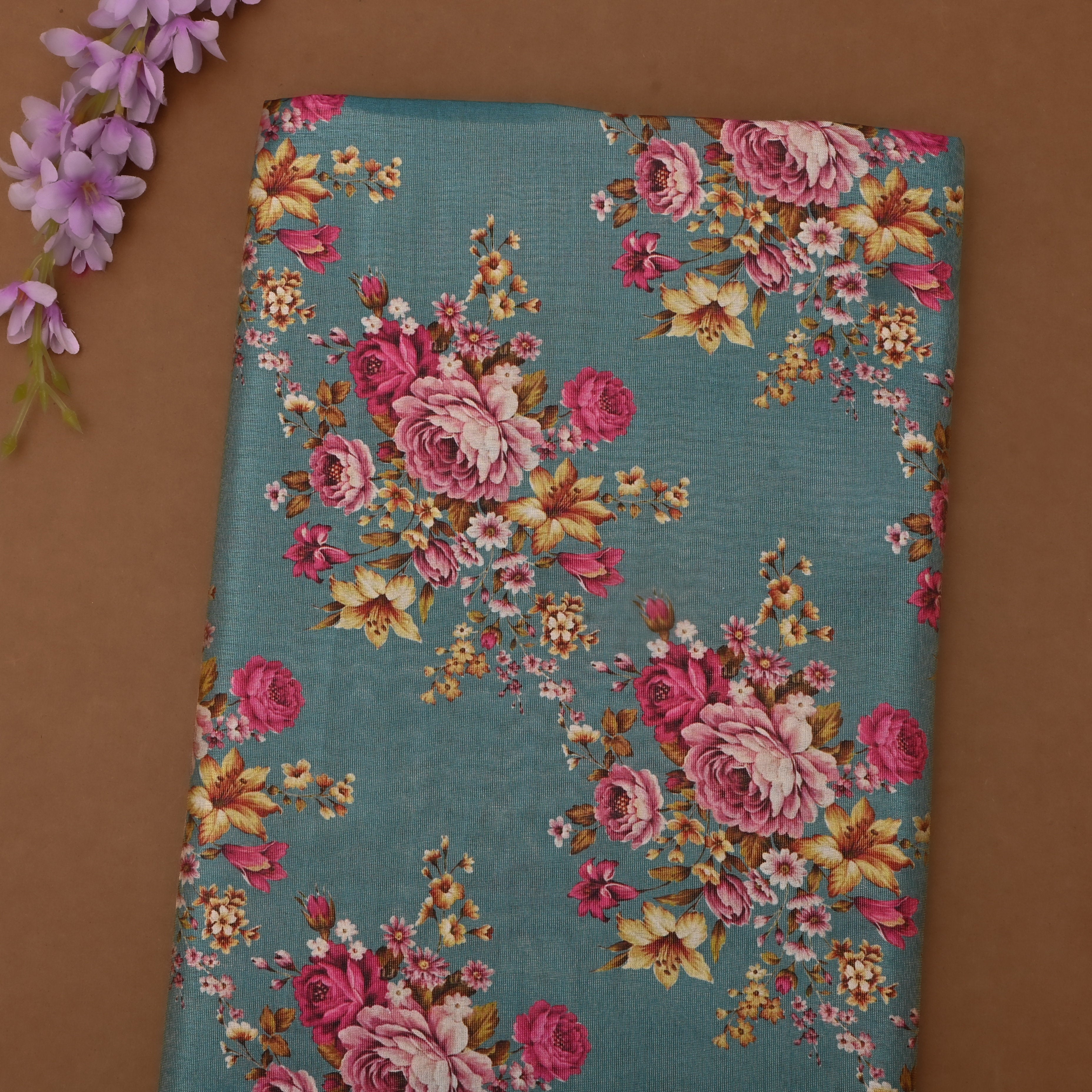Cadet Blue Tissue Fabric With Floral Prints
