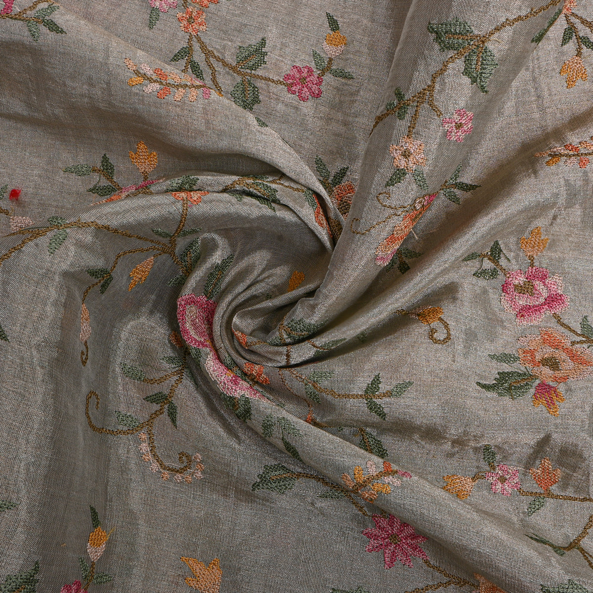 Grey Floral Jaal Thread Work Tissue Fabric