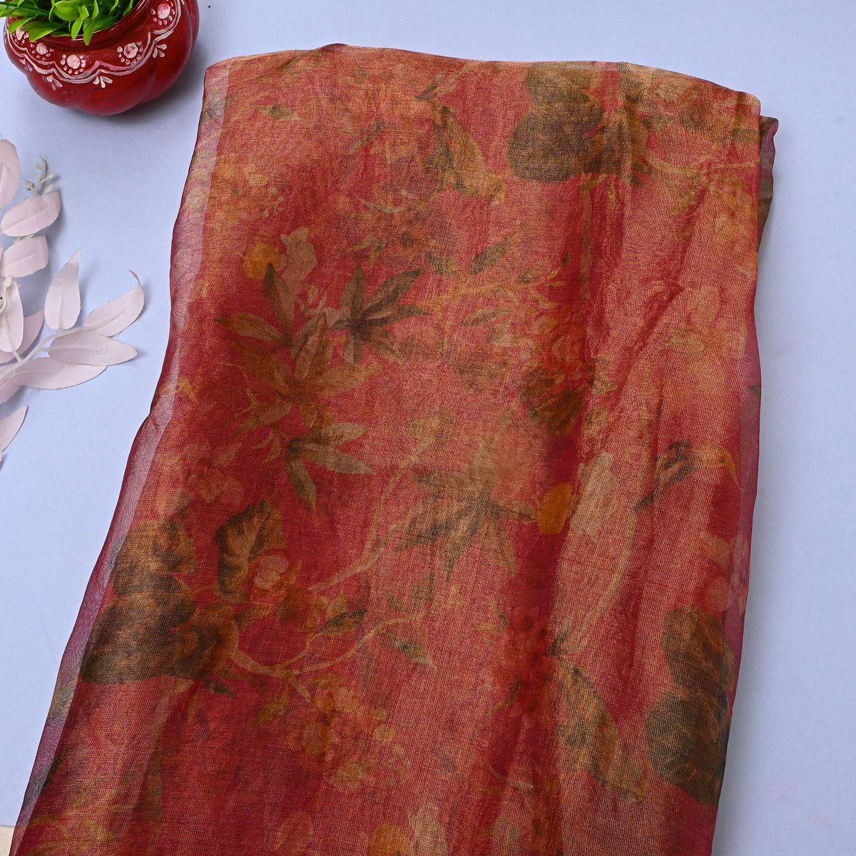 Bright Rose Pink Floral Print Organza Tissue Fabric