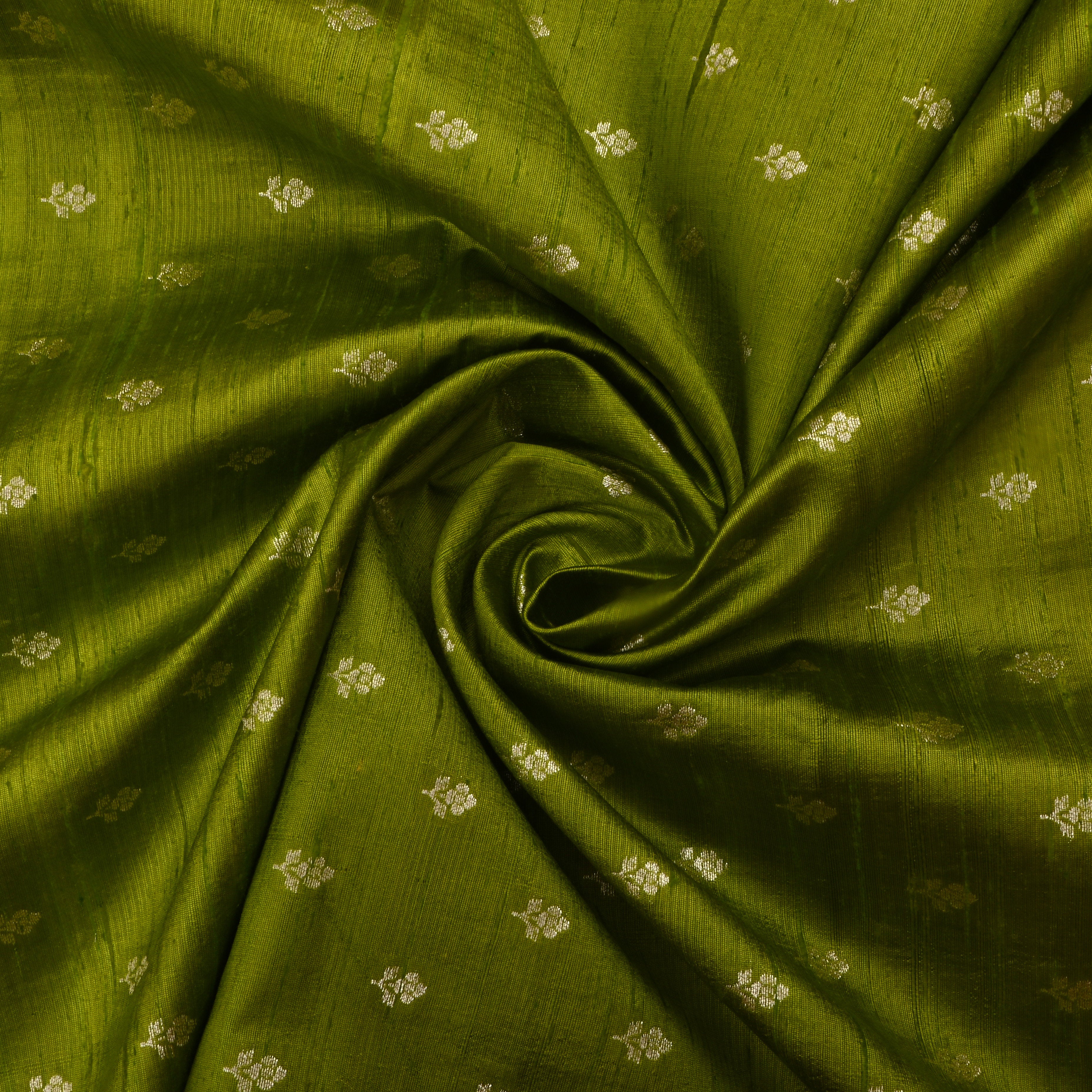 Swampy Green Jamawar Dupion Fabric With Floral Butti'S