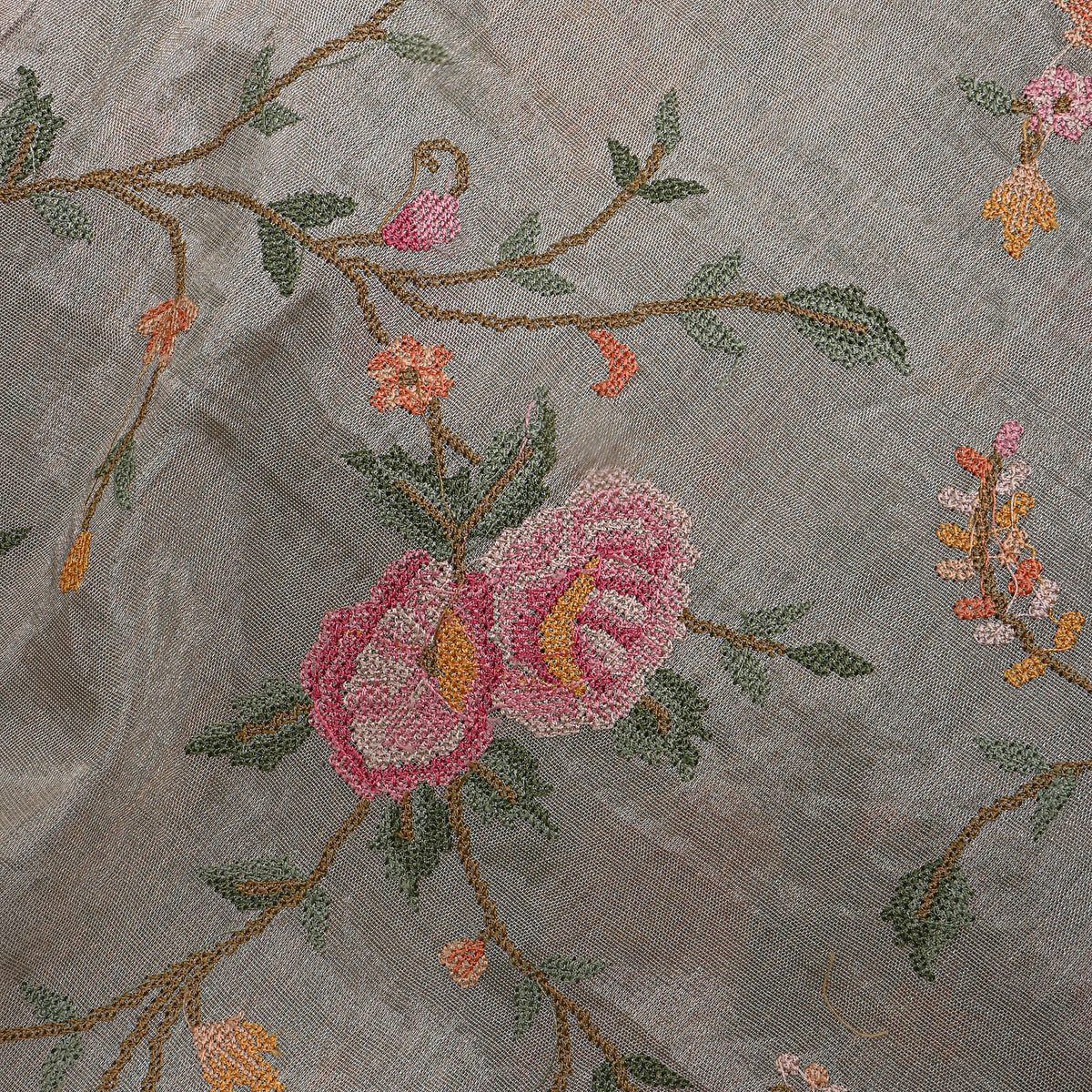 Grey Floral Jaal Thread Work Tissue Fabric