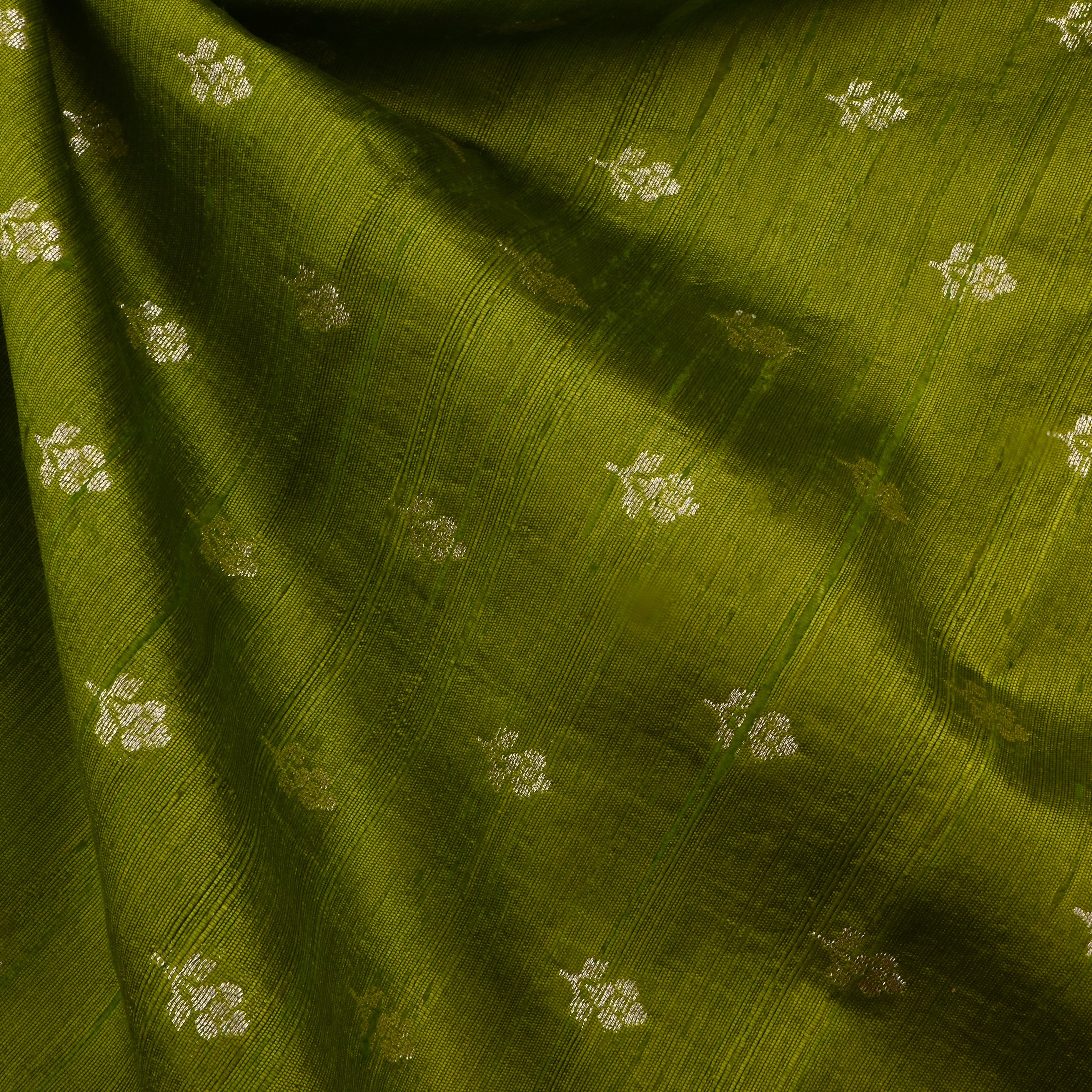 Swampy Green Jamawar Dupion Fabric With Floral Butti'S