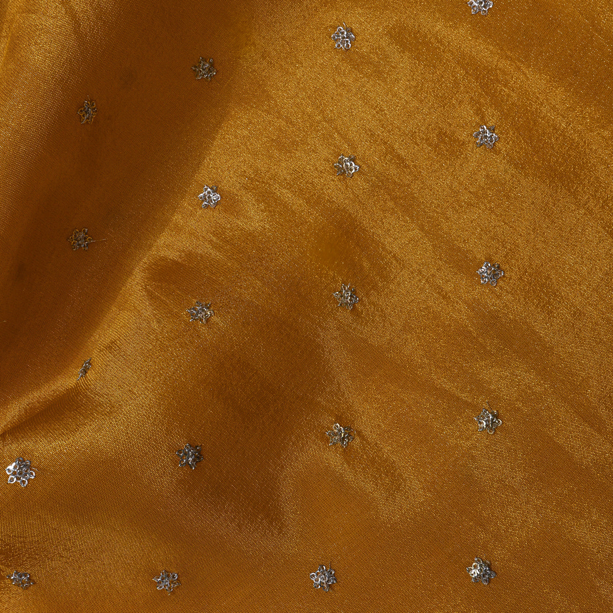 Marigold Yellow Silver Sequin Floral Butti Tissue Fabric