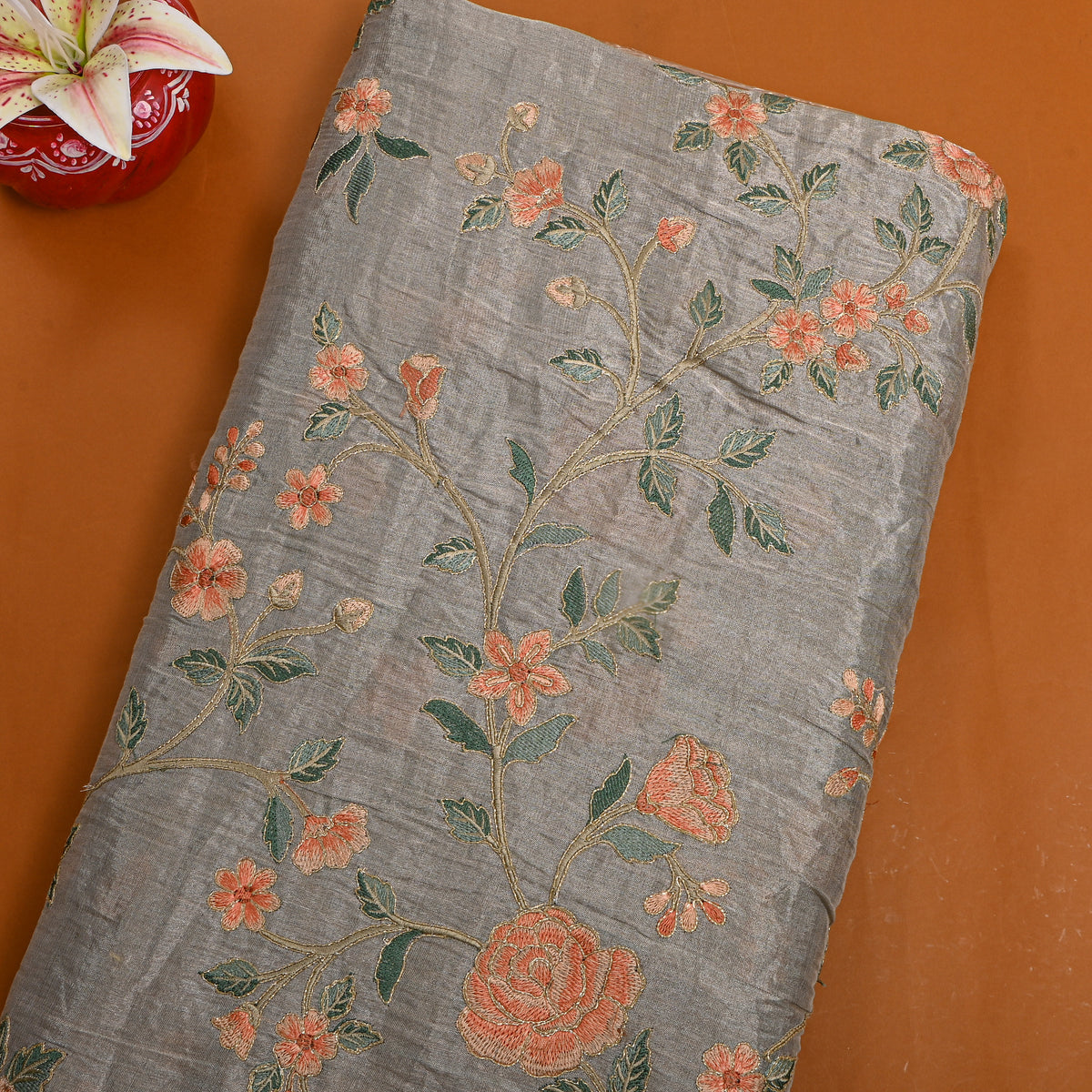 Grey Gold Coral Floral Jaal Thread Work Tissue Fabric