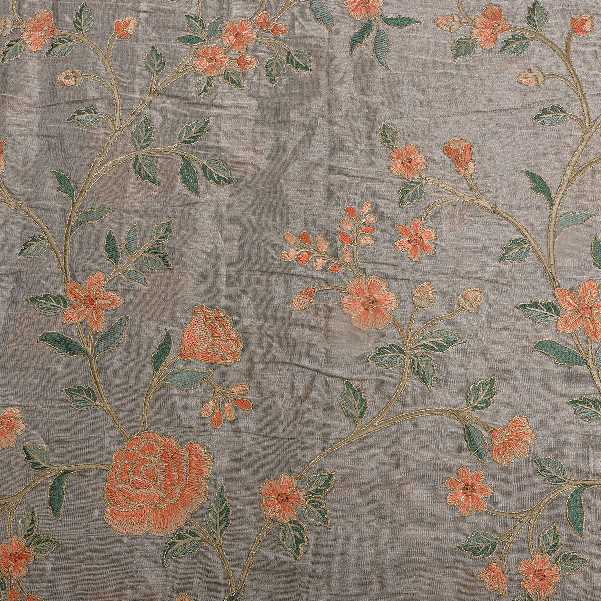 Grey Gold Coral Floral Jaal Thread Work Tissue Fabric