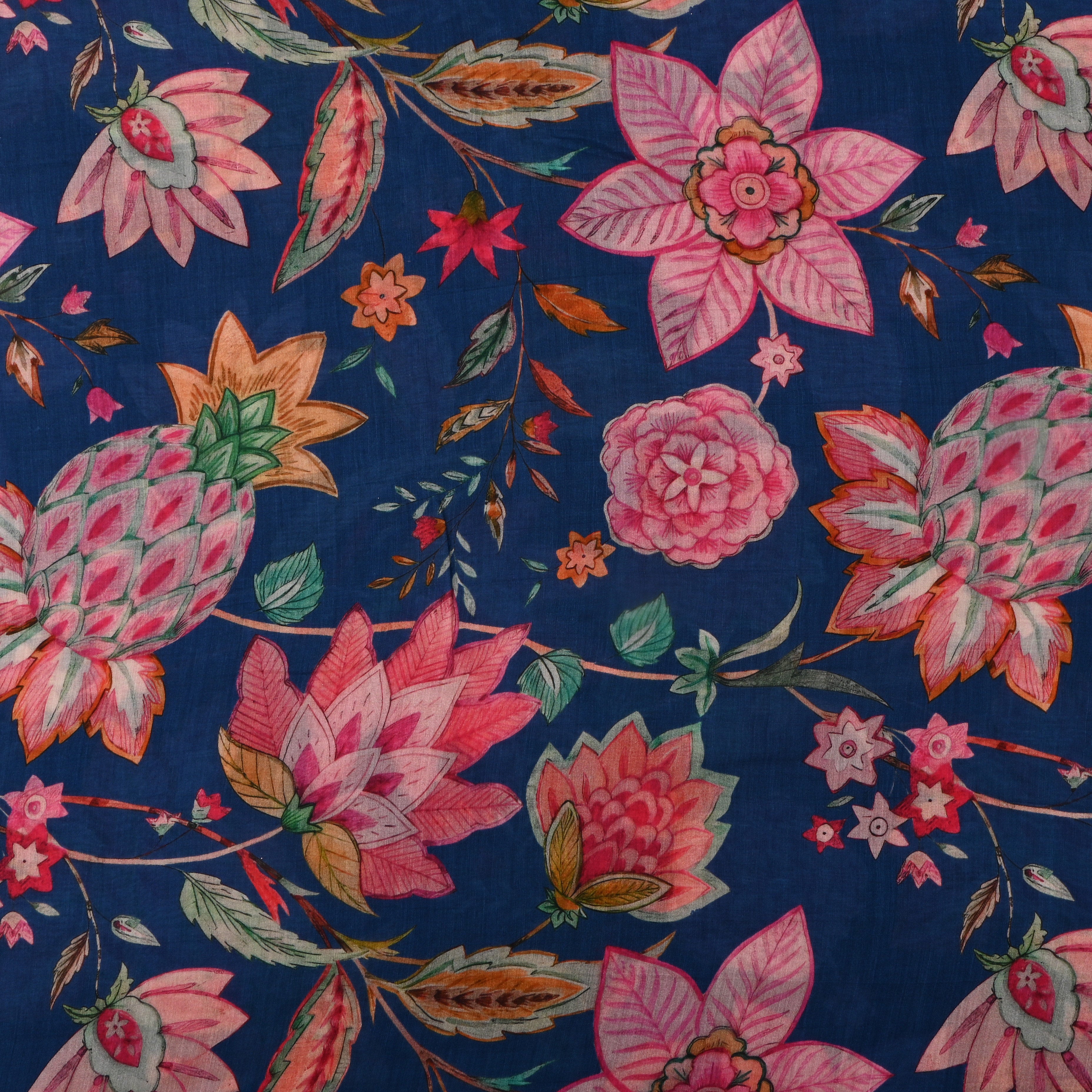 Cobalt Blue Silk Fabric With Prints