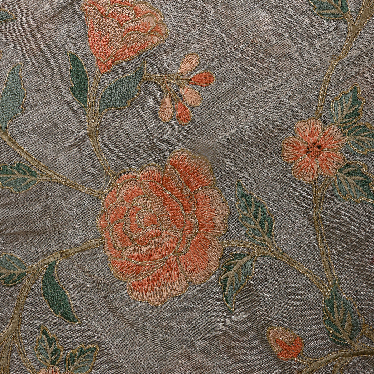 Grey Gold Coral Floral Jaal Thread Work Tissue Fabric