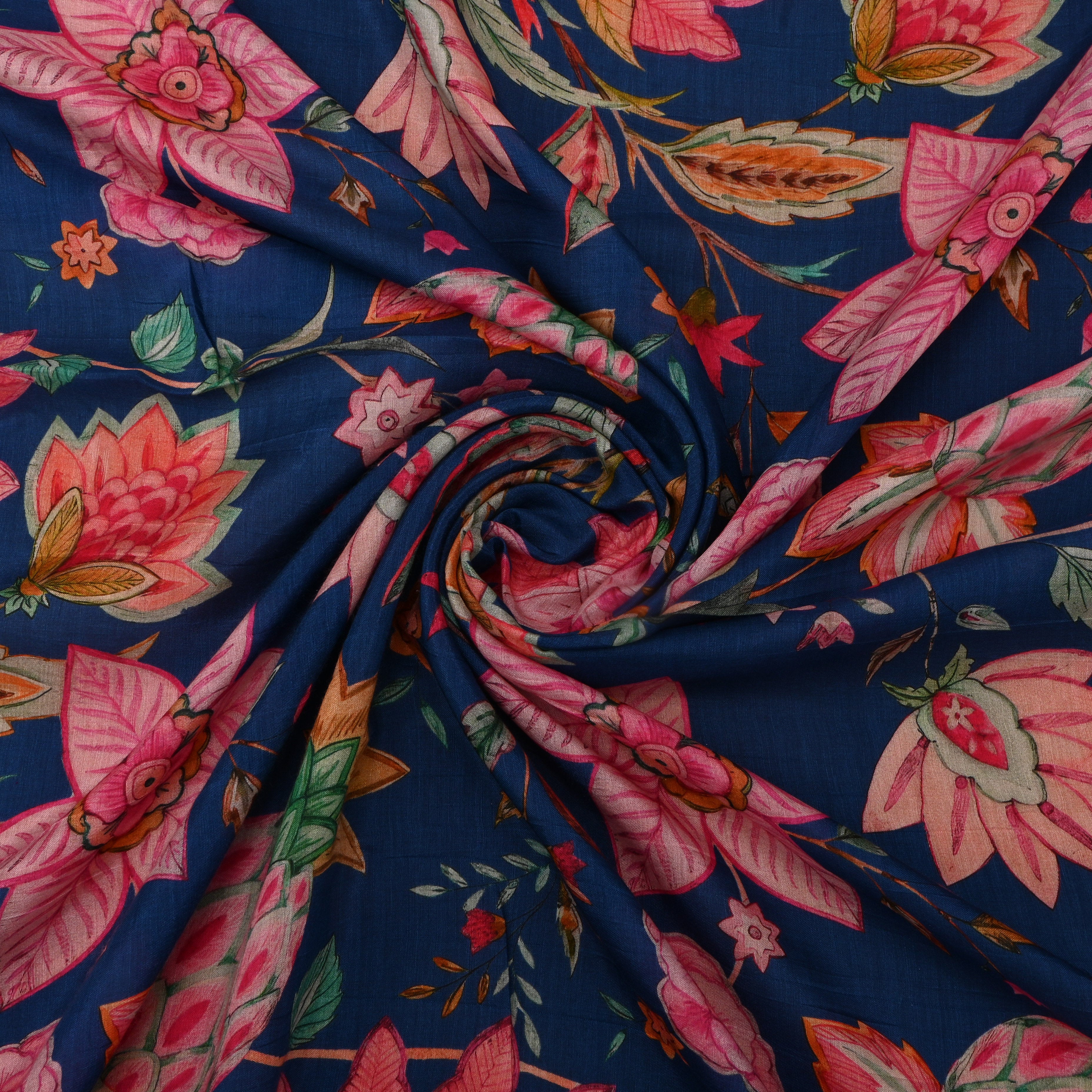 Cobalt Blue Silk Fabric With Prints