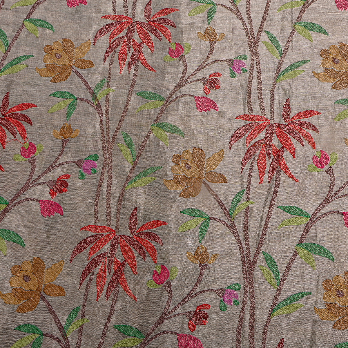 Gray Multicolour Floral Thread Work Tissue Fabric