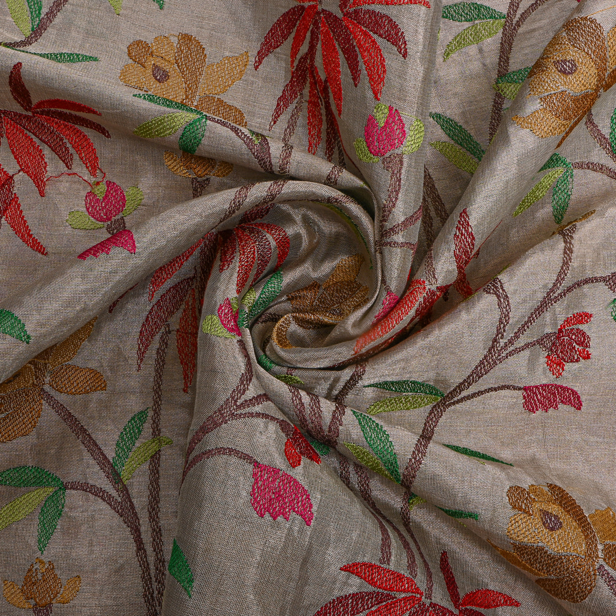 Gray Multicolour Floral Thread Work Tissue Fabric