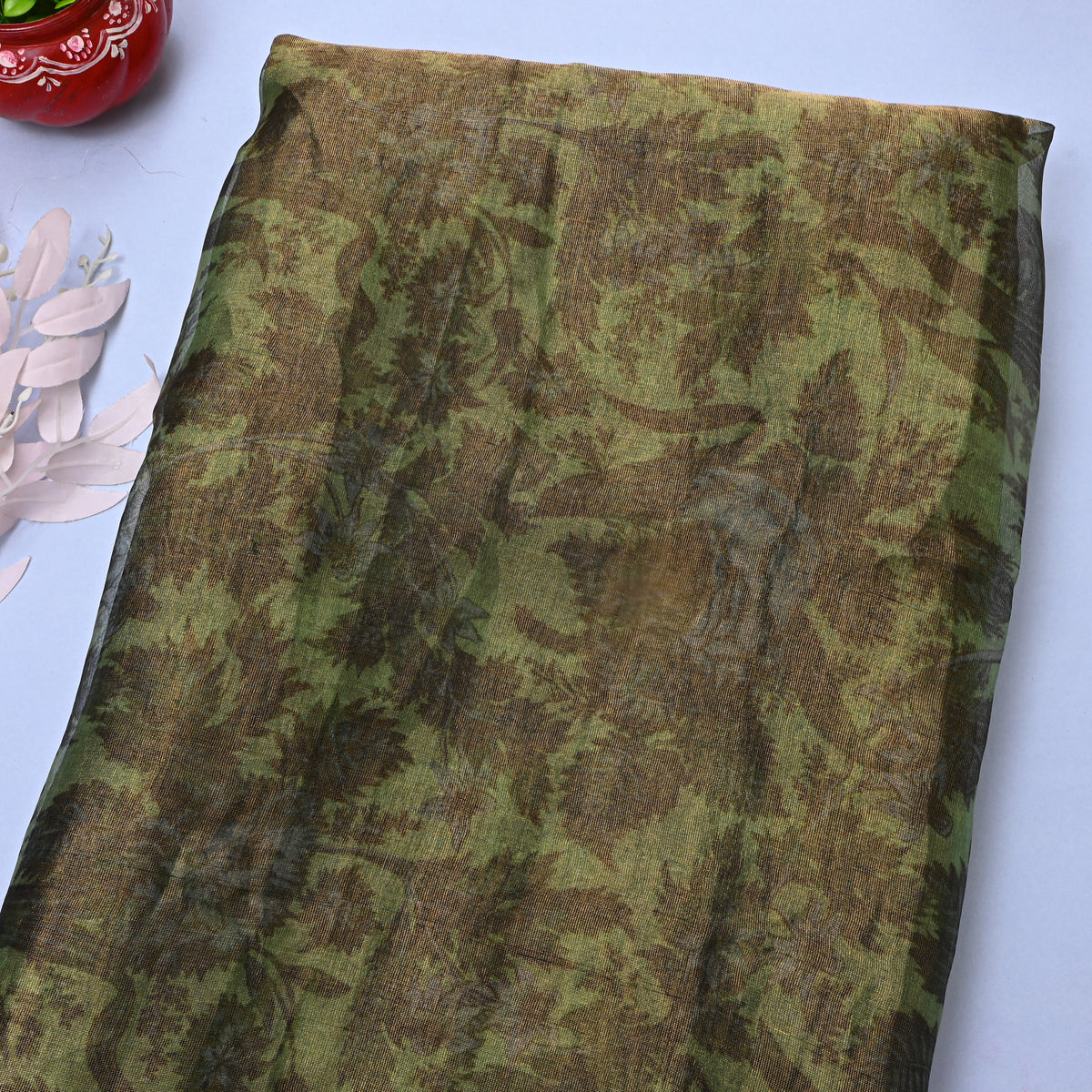 Moss Green Floral Print Organza Tissue Fabric