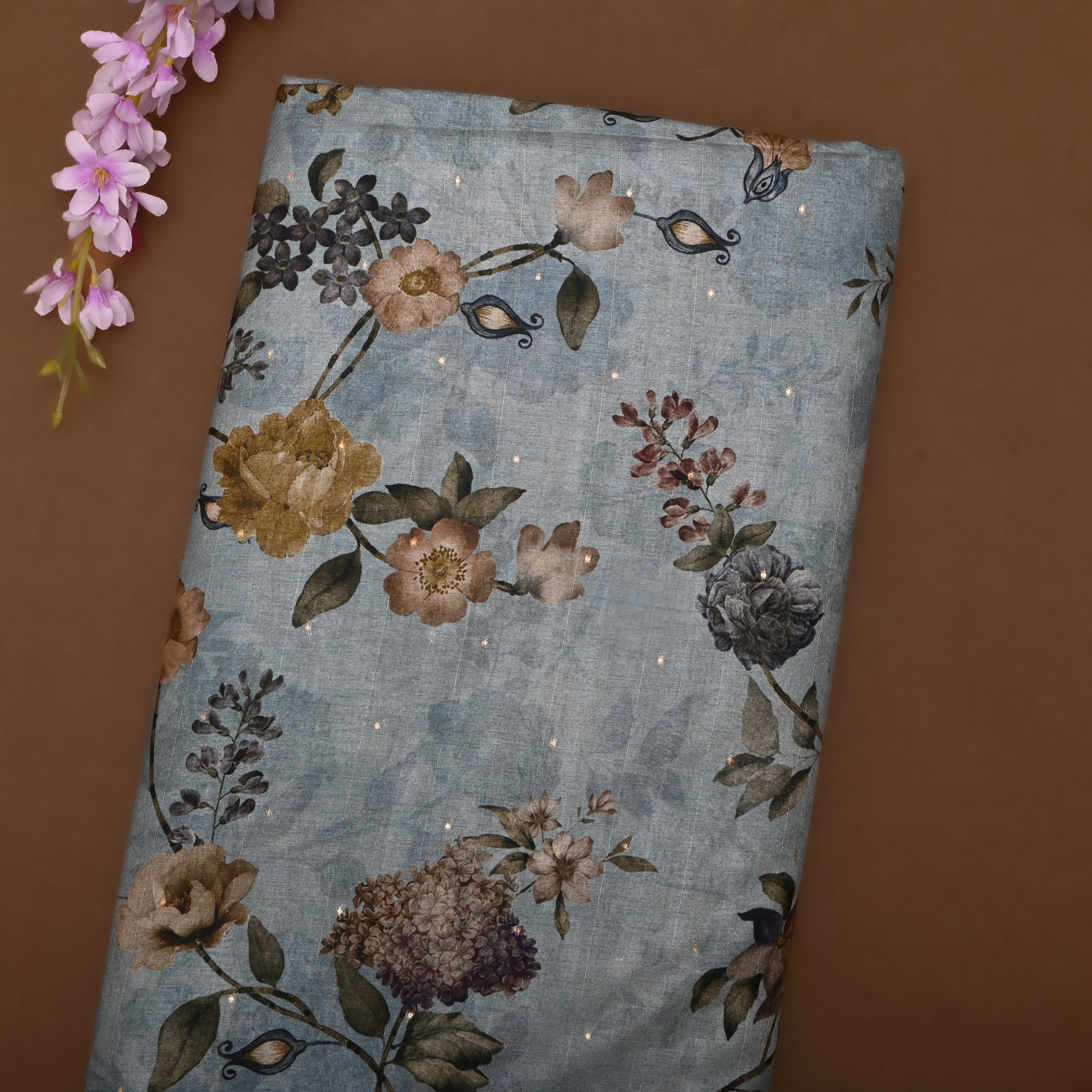 Slate Grey Tussar Fabric With Digital Prints